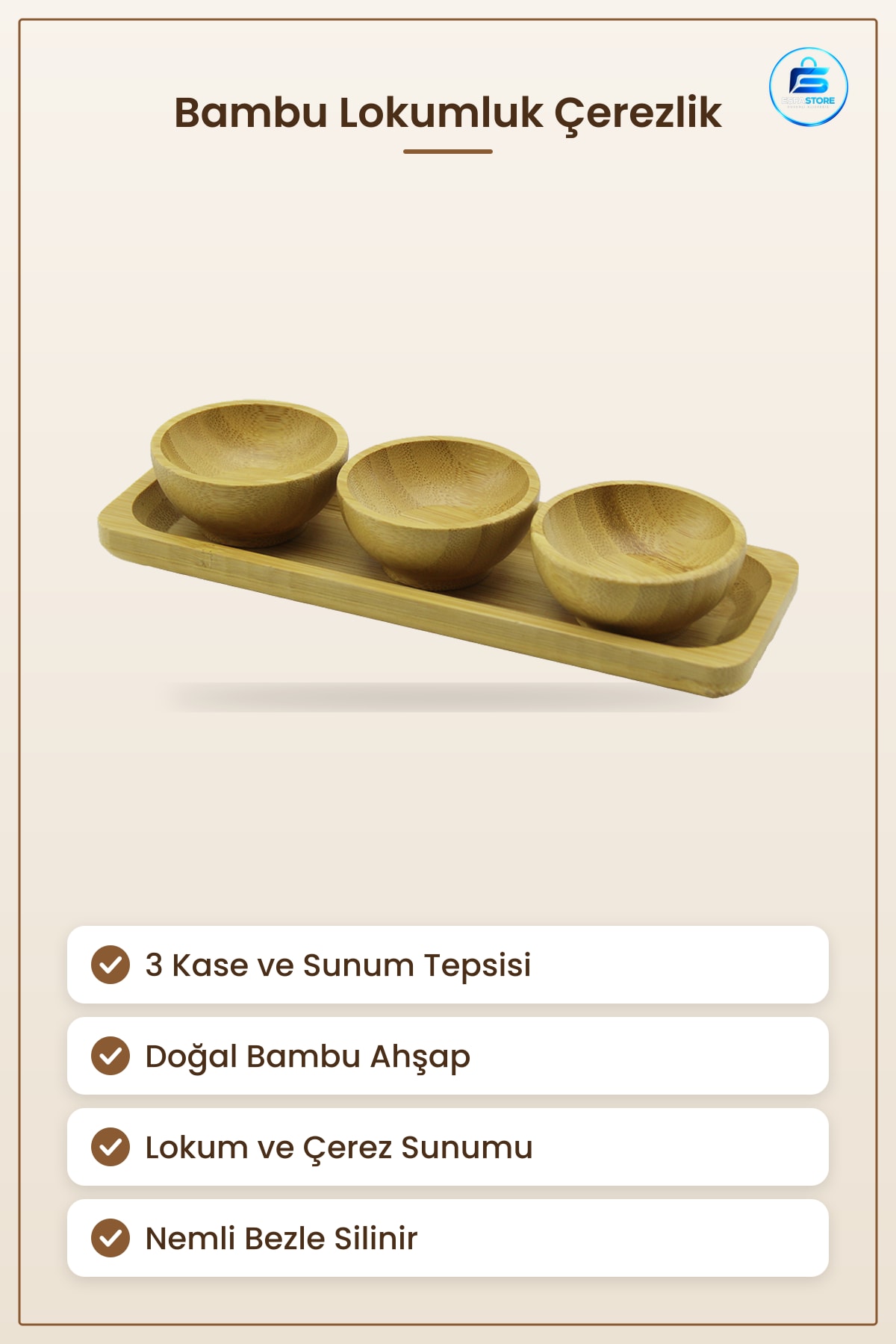 Bambu Lokumluk Çerezlik 3 Bölmeli Sunum Tepsisi Ahşap Atıştırmalık Kase Seti Servis Mutfak Misafir