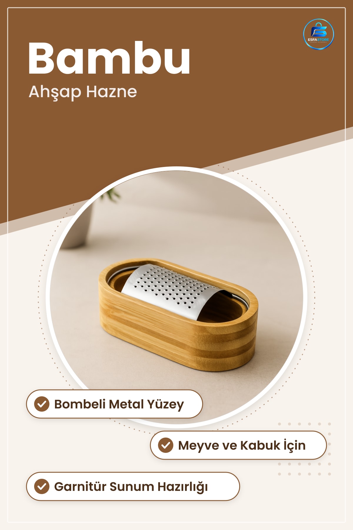 Ahşap Hazneli Metal Rende Meyve Kabuğu Rendeleme Bambu Mutfak Garnitür Sunum Aracı