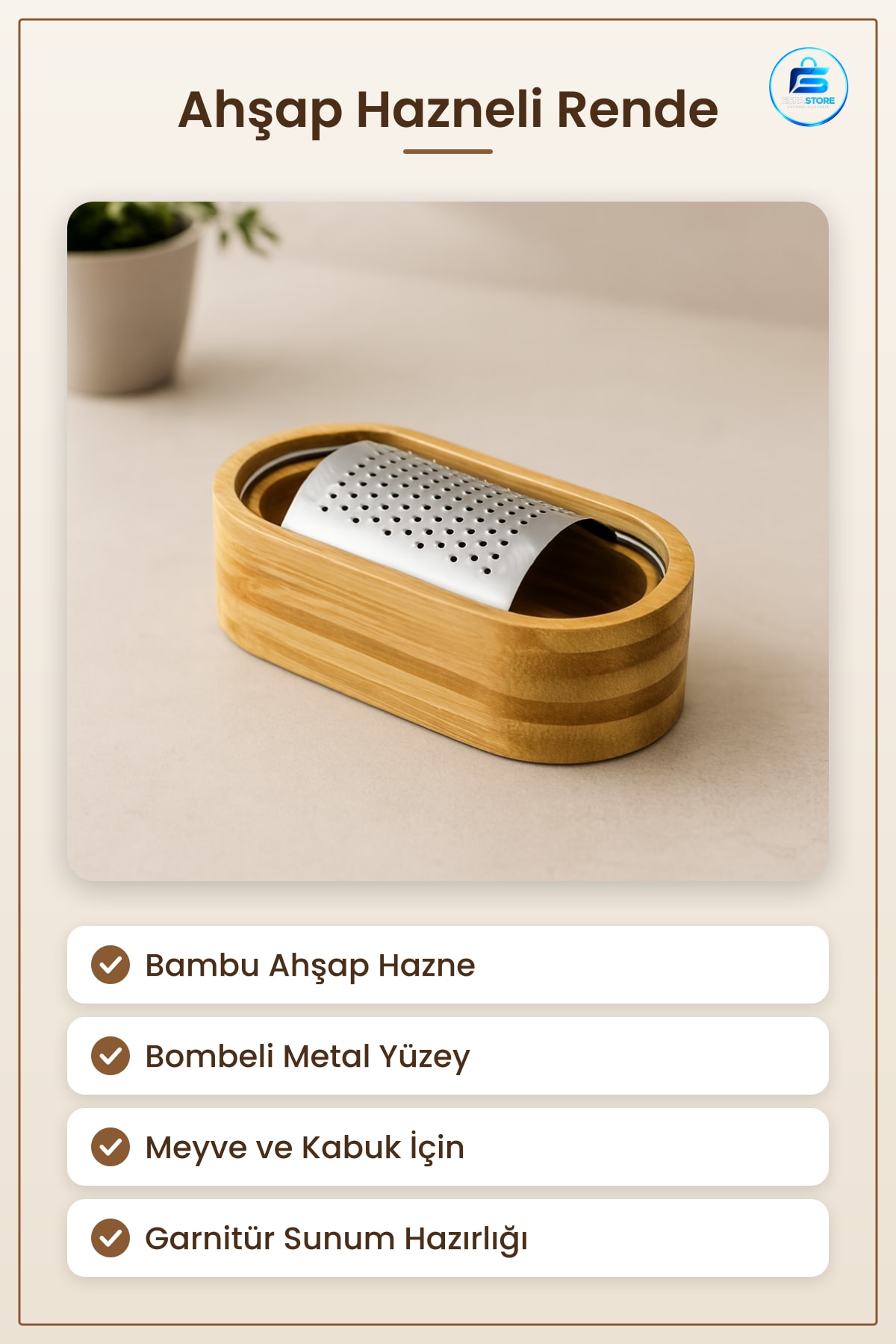 Ahşap Hazneli Metal Rende Meyve Kabuğu Rendeleme Bambu Mutfak Garnitür Sunum Aracı