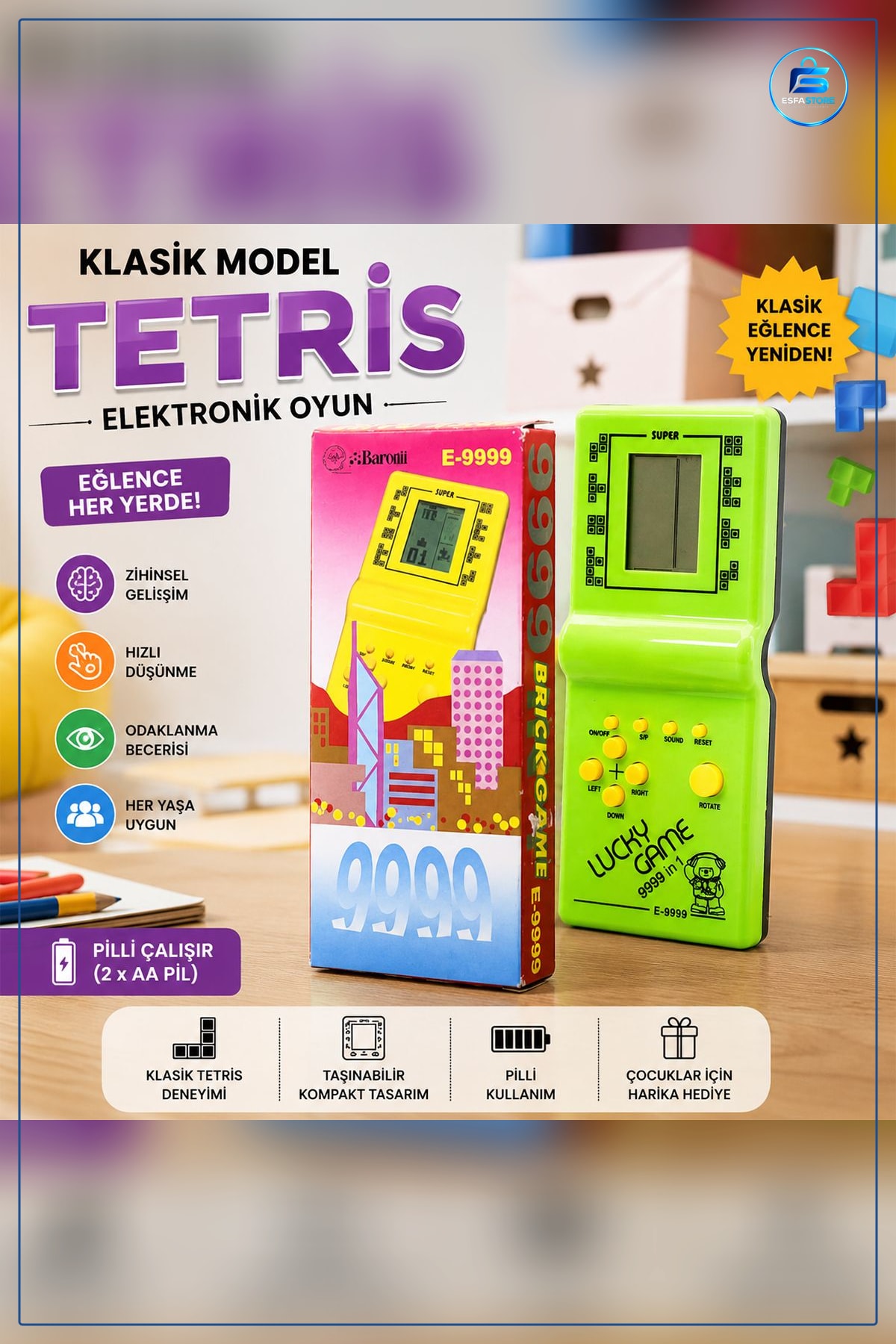 Tetris Pilli Elektronik El Oyun Konsolu Taşınabilir Retro Klasik Çocuk Eğlence Hediye
