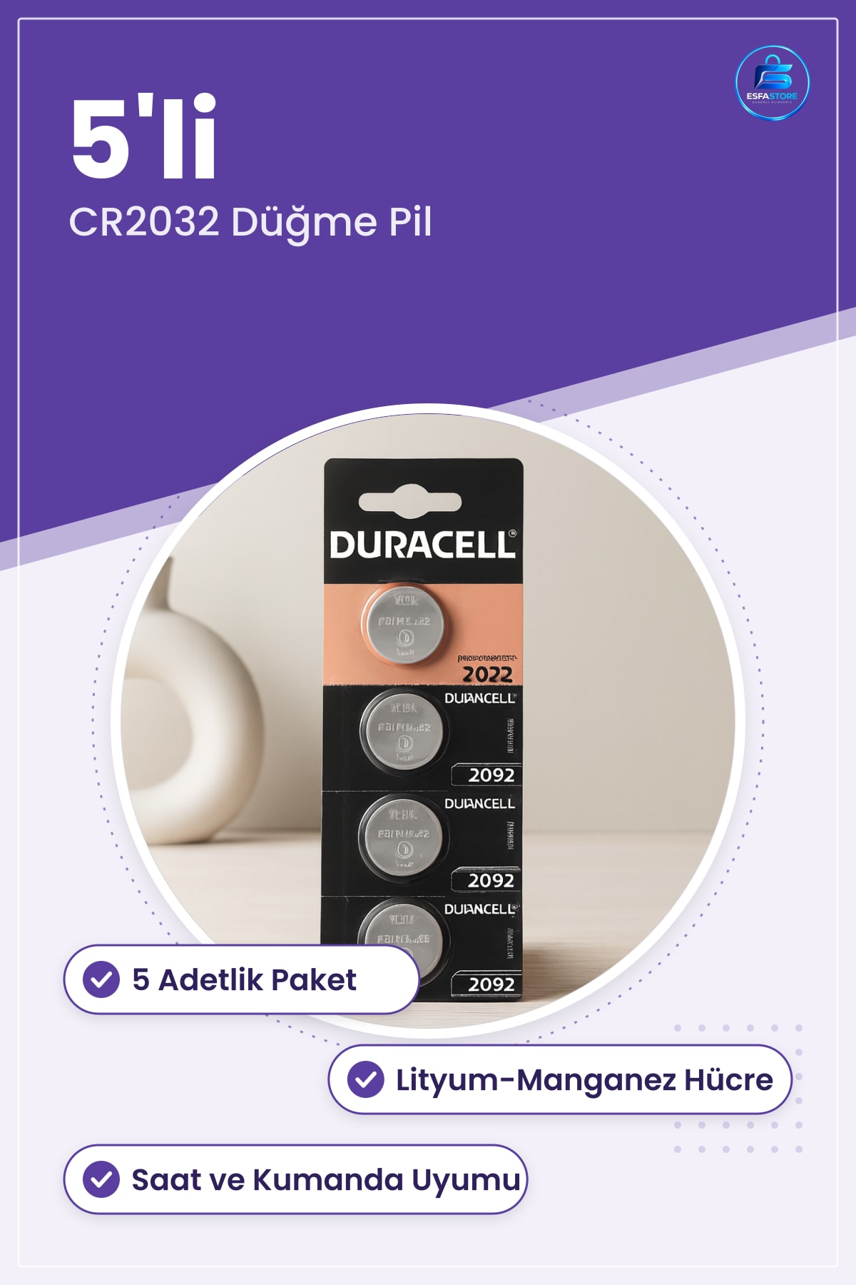 CR2032 Lityum Para Pili 5'li Düğme Pil Saat Kumanda ve Hesap Makinesi Uyumlu Ofis Elektroniği