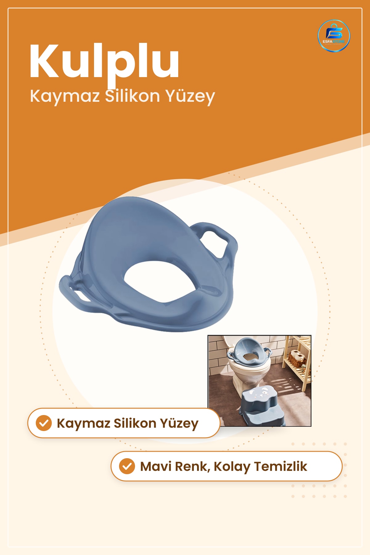Çocuk Klozet Adaptörü Kulplu Mavi Kaymaz Silikon Tuvalet Eğitimi Güvenlik Evrensel Uyumlu