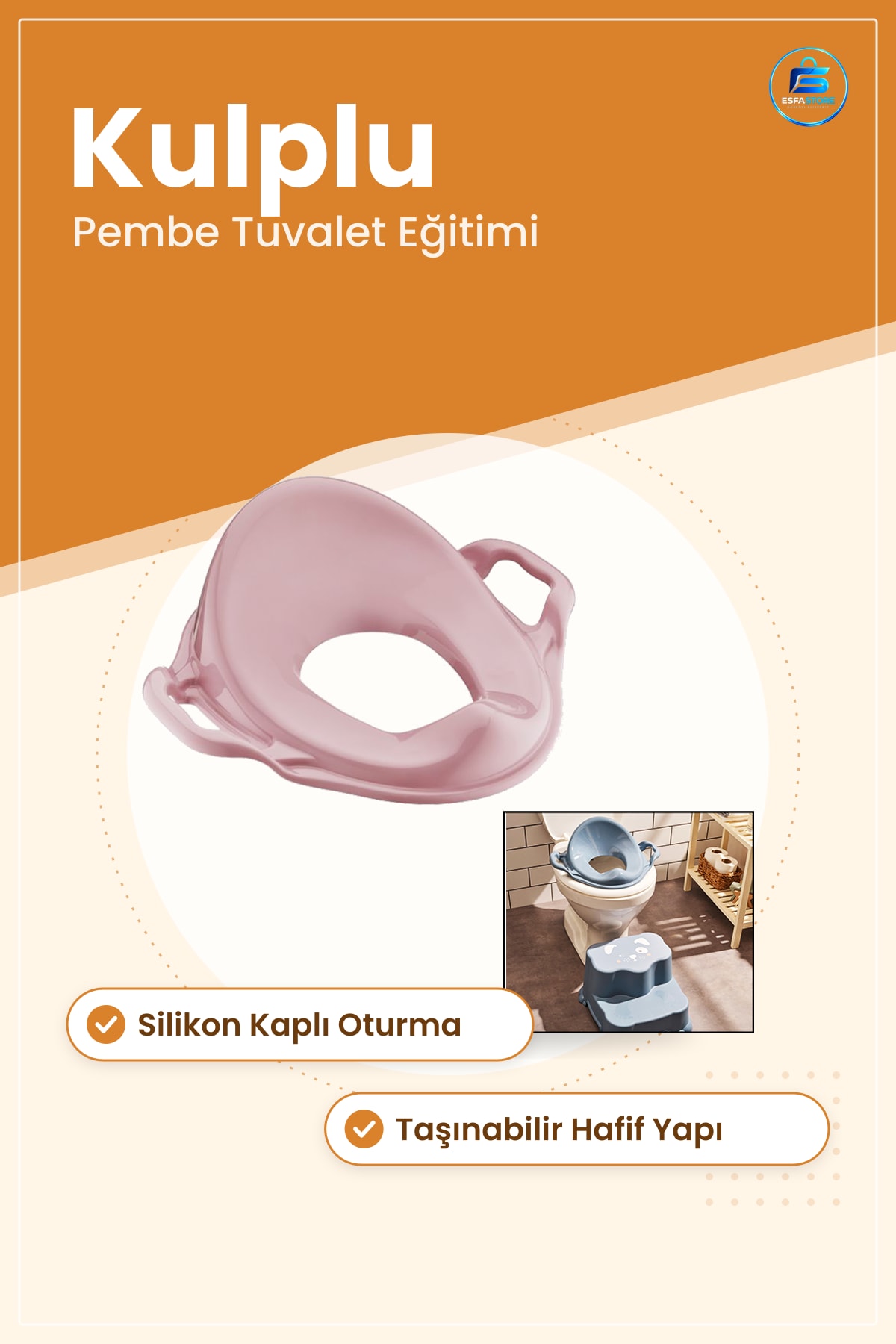 Çocuk Klozet Adaptörü Kulplu Pembe Tuvalet Eğitimi Yumuşak Silikon Oturak Hijyenik Taşınabilir