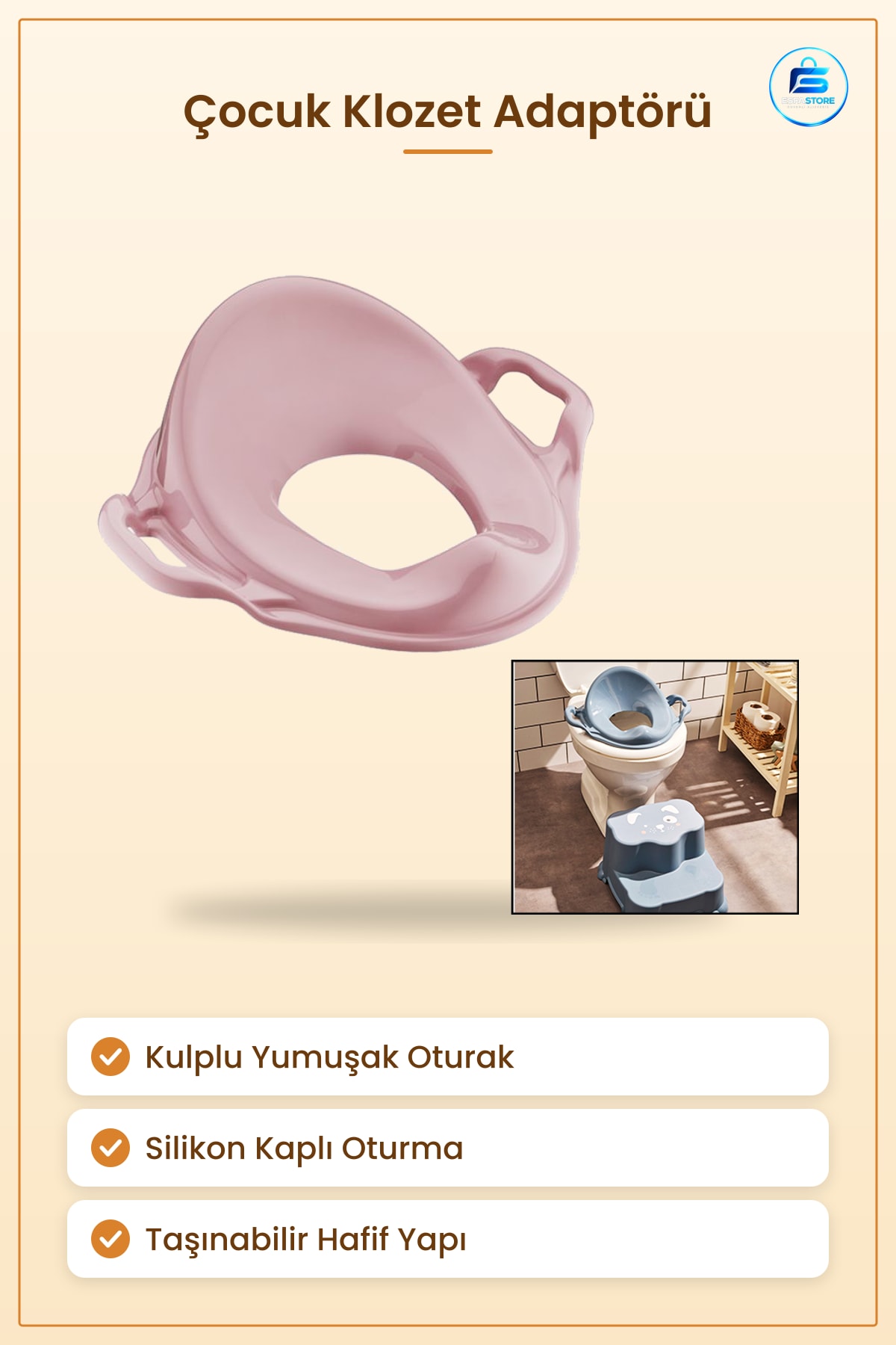 Çocuk Klozet Adaptörü Kulplu Pembe Tuvalet Eğitimi Yumuşak Silikon Oturak Hijyenik Taşınabilir