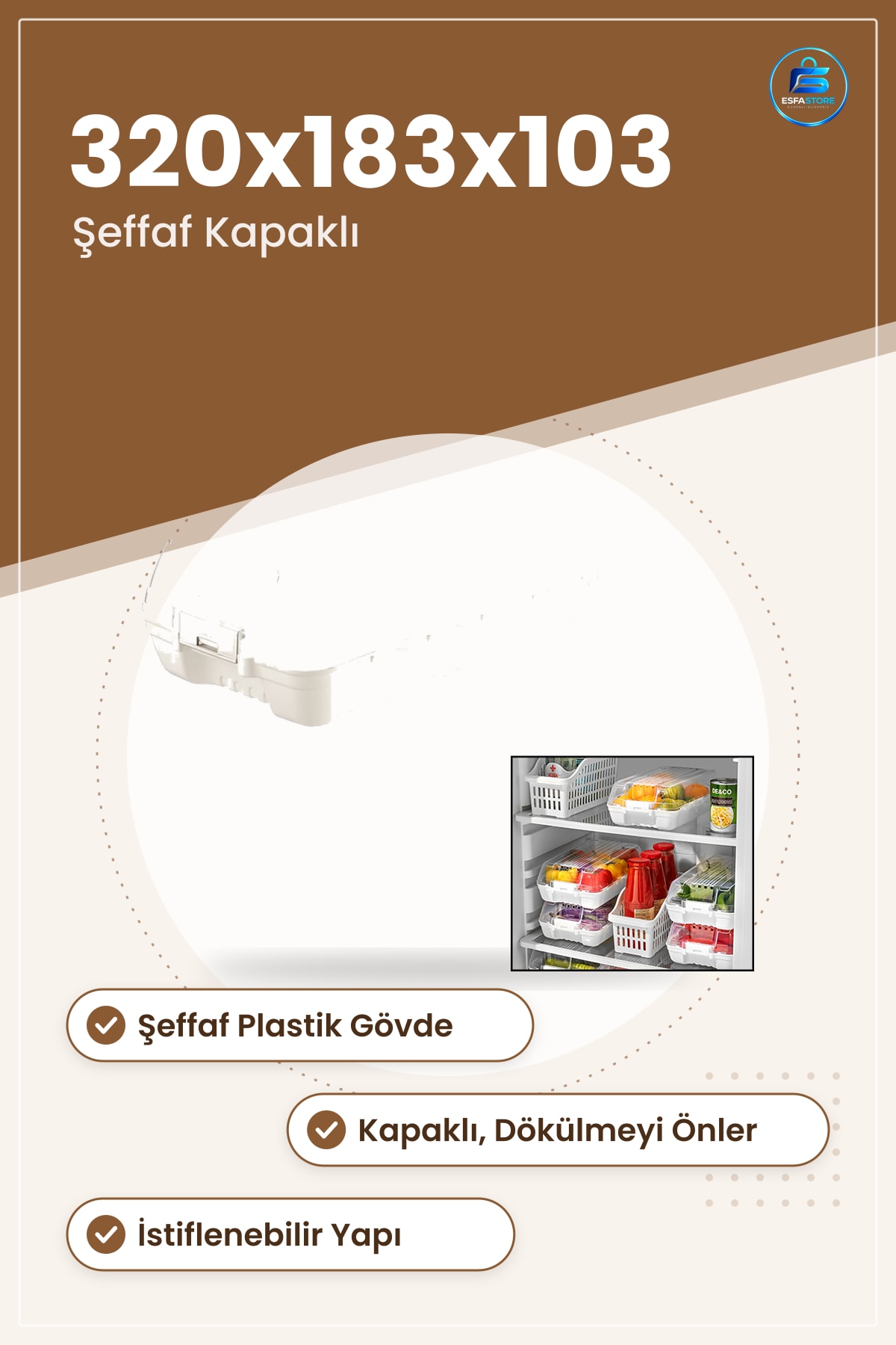 Şeffaf Kapaklı Buzdolabı Organizeri 320x183x103 mm Mutfak Saklama Kutusu Dayanıklı Plastik Hazır