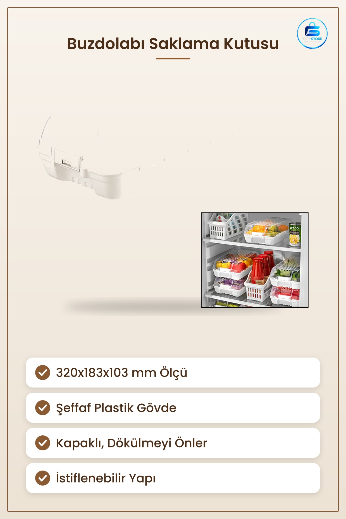 Şeffaf Kapaklı Buzdolabı Organizeri 320x183x103 mm Mutfak Saklama Kutusu Dayanıklı Plastik Hazır