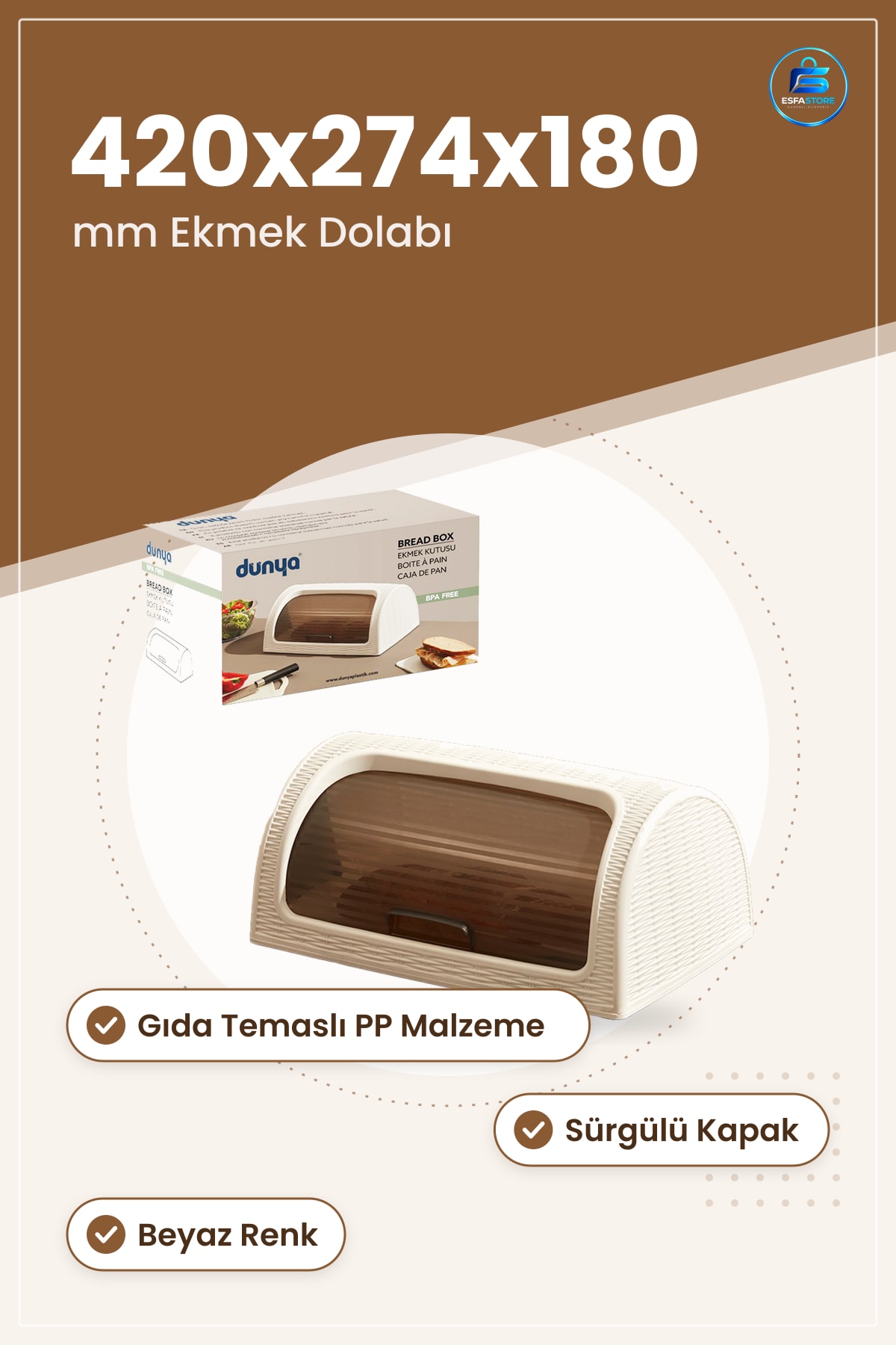Sürgülü Kapaklı Ekmek Dolabı 420x274x180 mm Beyaz PP Gıda Temaslı Tezgah Saklama Kutusu