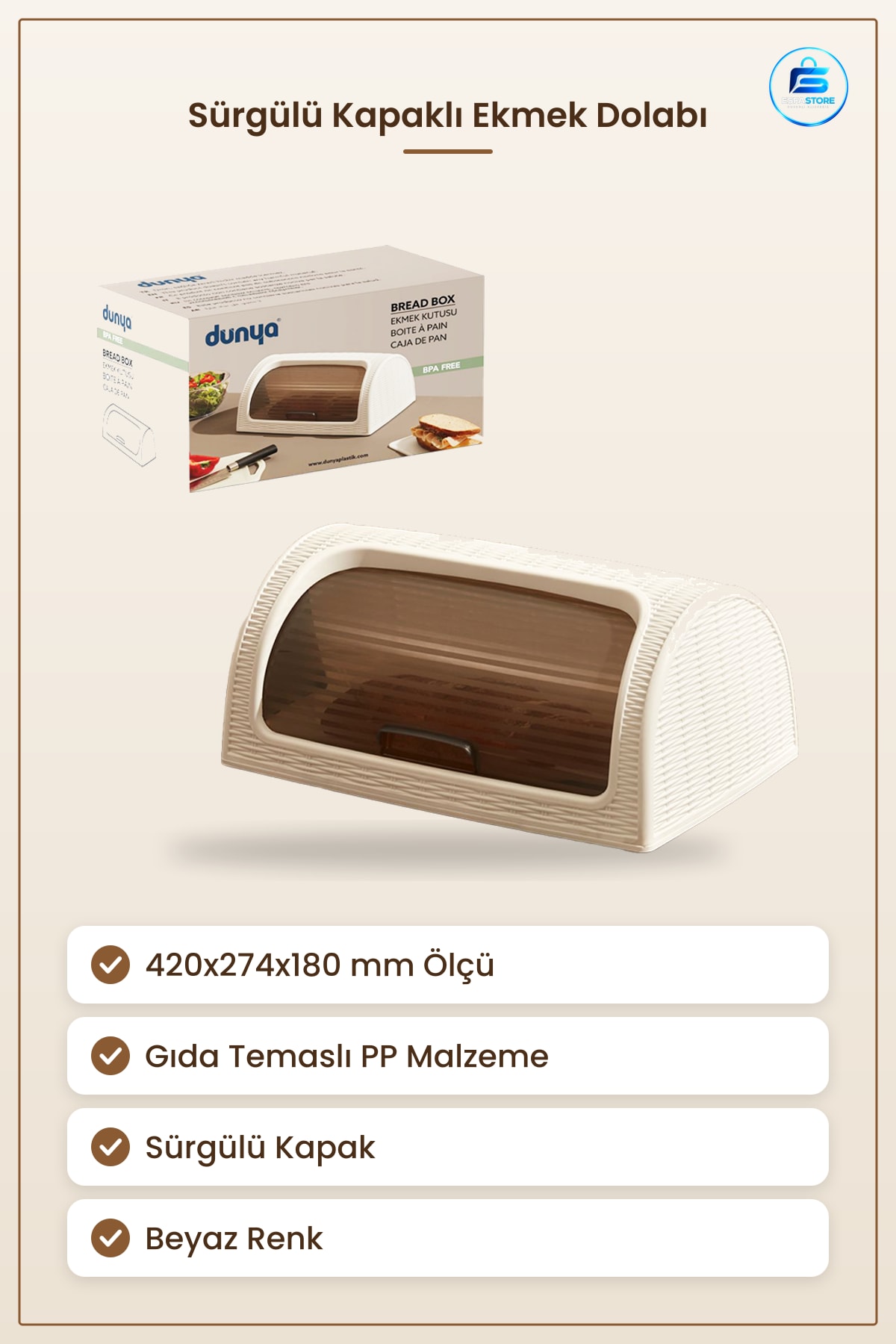 Sürgülü Kapaklı Ekmek Dolabı 420x274x180 mm Beyaz PP Gıda Temaslı Tezgah Saklama Kutusu