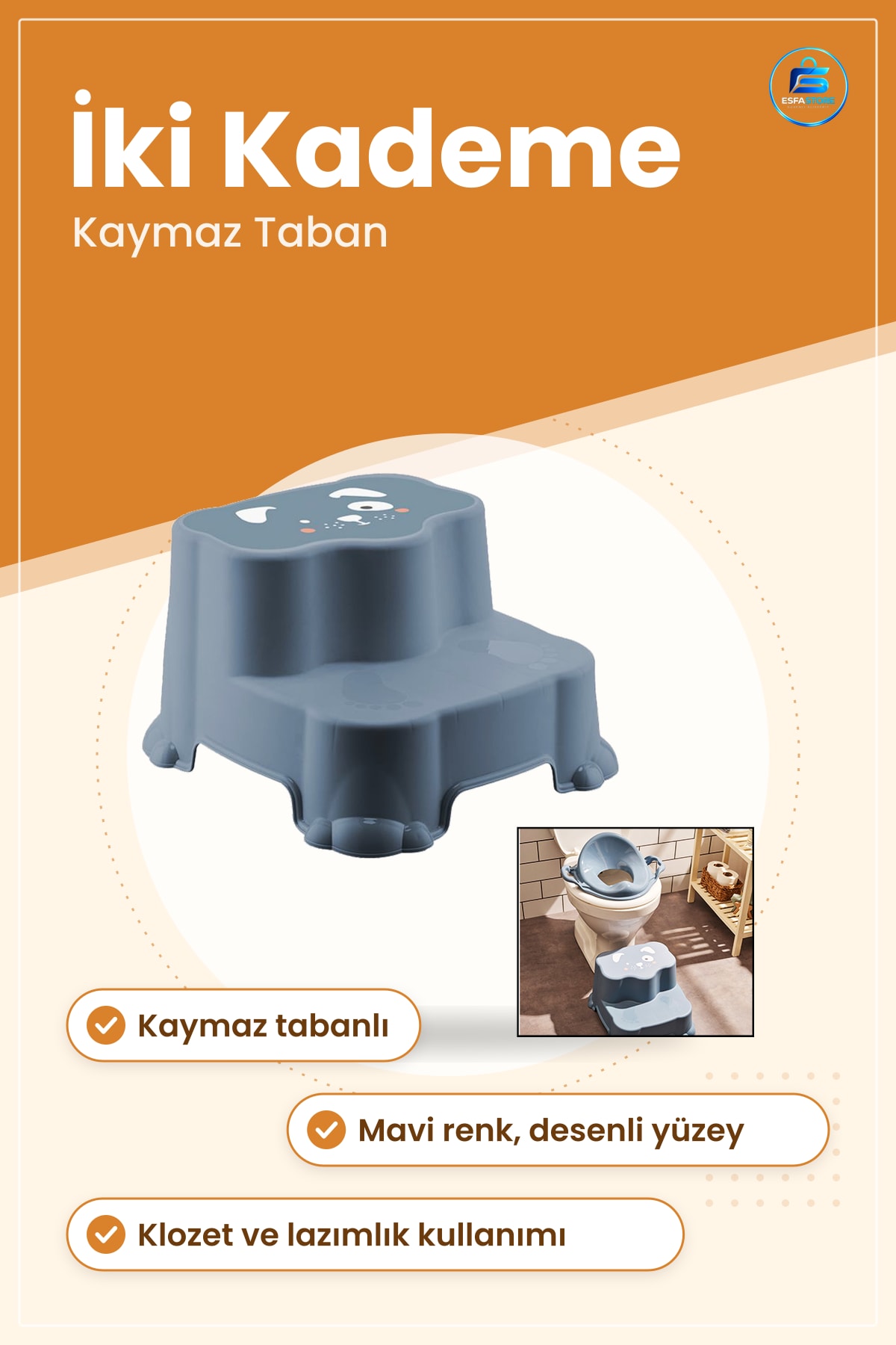 Çocuk Basamağı İki Kademeli Klozet Adaptörü ve Lazımlık Mavi Banyo Tuvalet Yükseltici Kaymaz