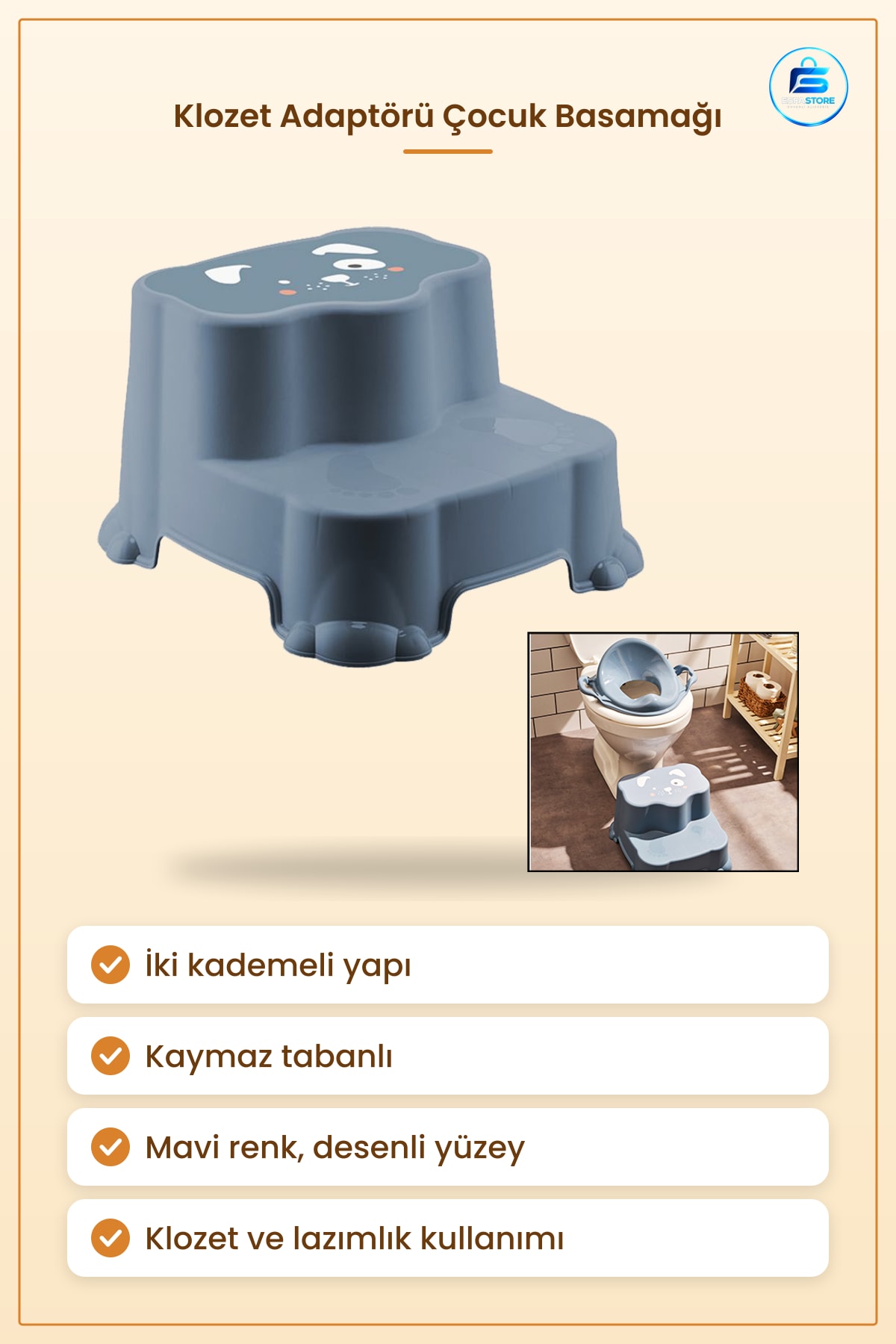 Çocuk Basamağı İki Kademeli Klozet Adaptörü ve Lazımlık Mavi Banyo Tuvalet Yükseltici Kaymaz