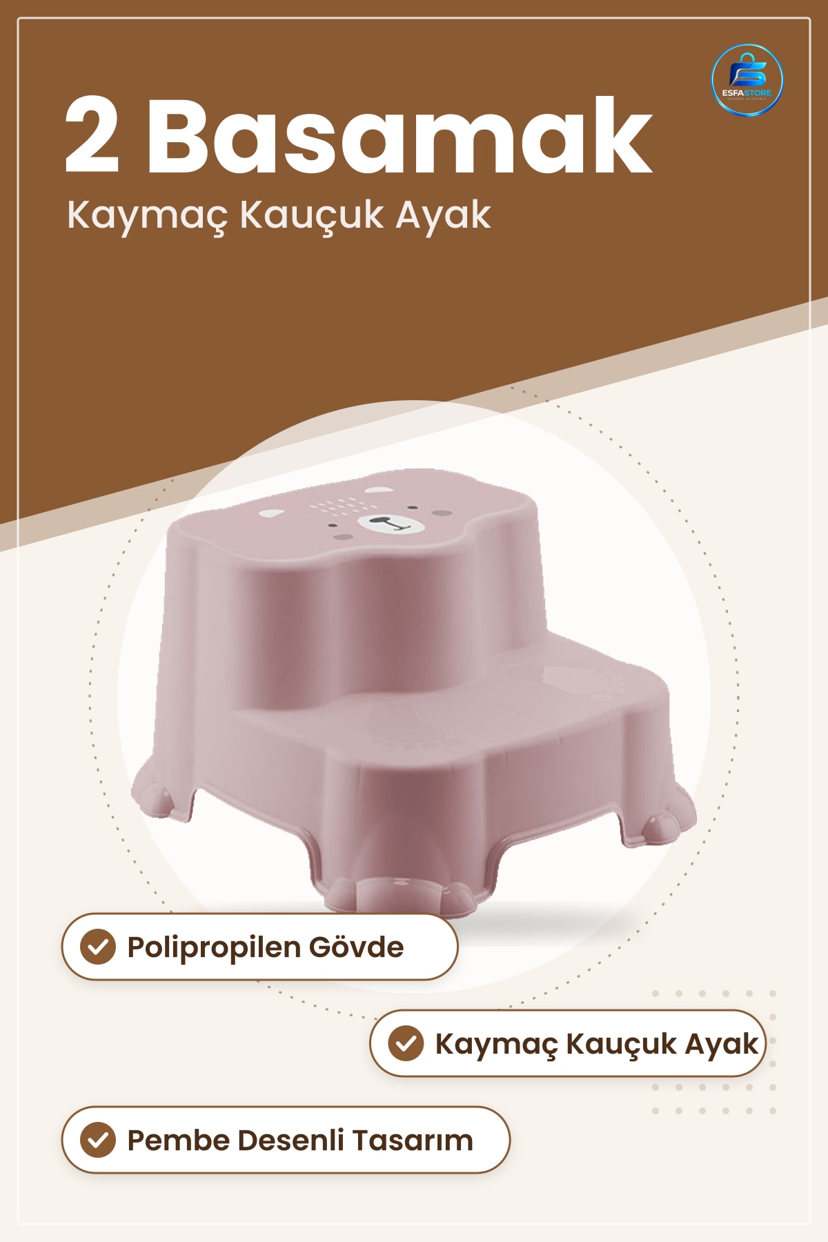 Çocuk Basamağı Katlı Pembe Desenli Lavabo Tuvalet Öğrenme Kulesi Kaymaz Kauçuk Ayaklı Banyo