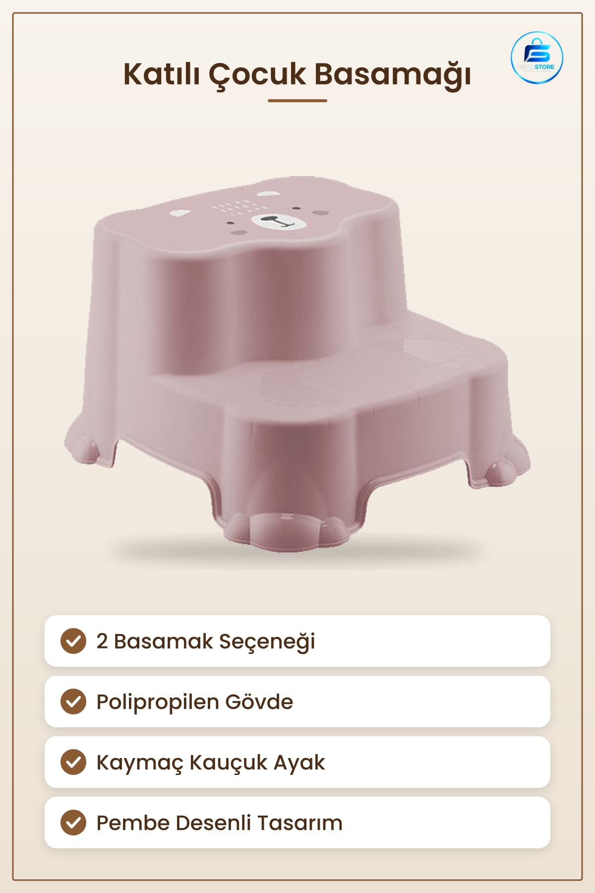 Çocuk Basamağı Katlı Pembe Desenli Lavabo Tuvalet Öğrenme Kulesi Kaymaz Kauçuk Ayaklı Banyo