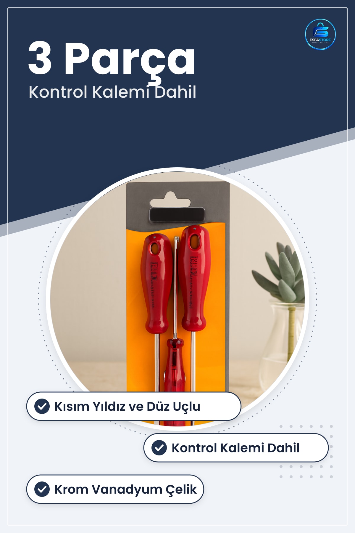 Tornavida Seti 3 Parça Yıldız Düz Uçlu Kontrol Kalemi Dahil Krom Vanadyum Çelik TPR Kaymaz Saplı