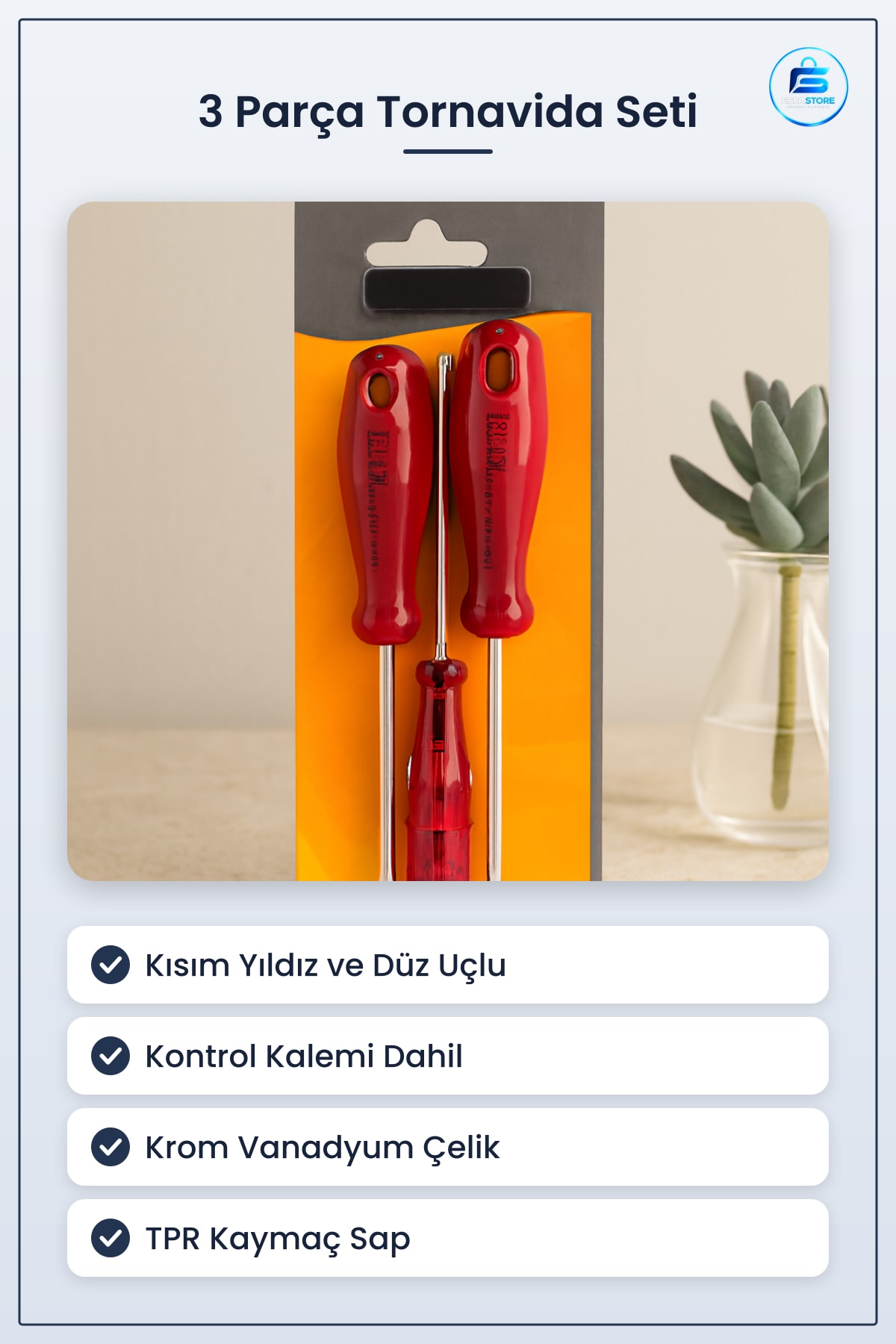 Tornavida Seti 3 Parça Yıldız Düz Uçlu Kontrol Kalemi Dahil Krom Vanadyum Çelik TPR Kaymaz Saplı