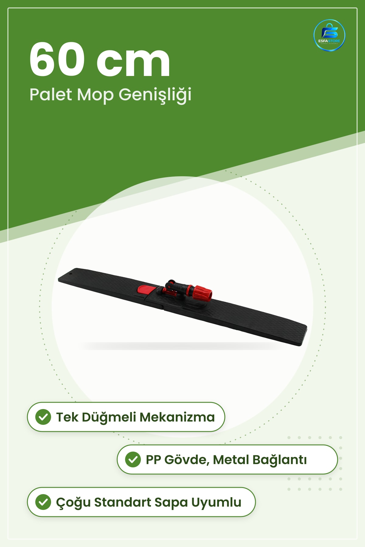 Palet Mop Aparatı 60 cm Tek Düğmeli PP Gövdeli Kilitlemeli Temizlik Zemin Paspas Sap Uyumlu