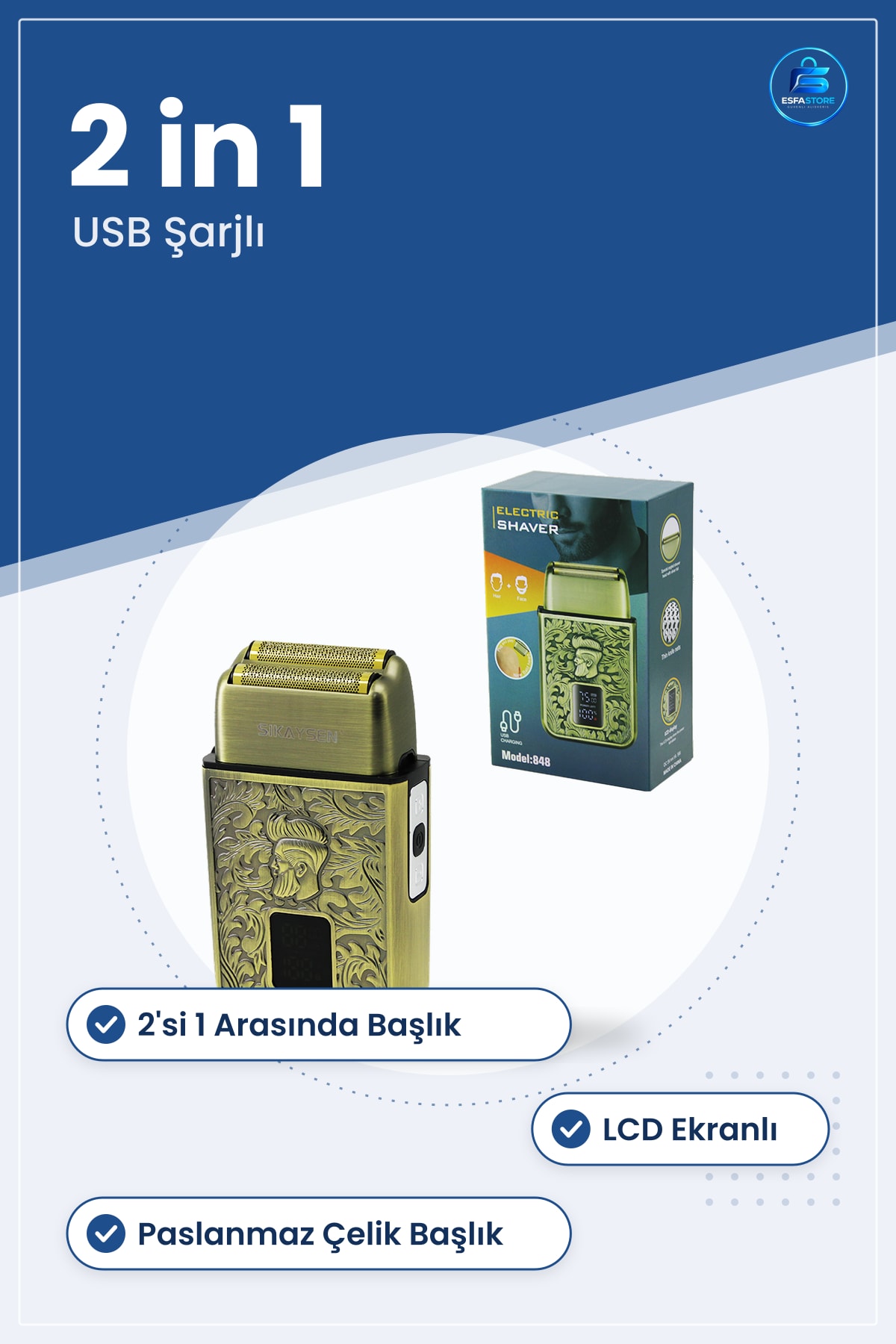 USB Şarjlı 2in1 Seyahat Taşınabilir Traş Makinesi LCD Ekranlı Yüzey Traşı Düzeltici Başlıklı Erkek