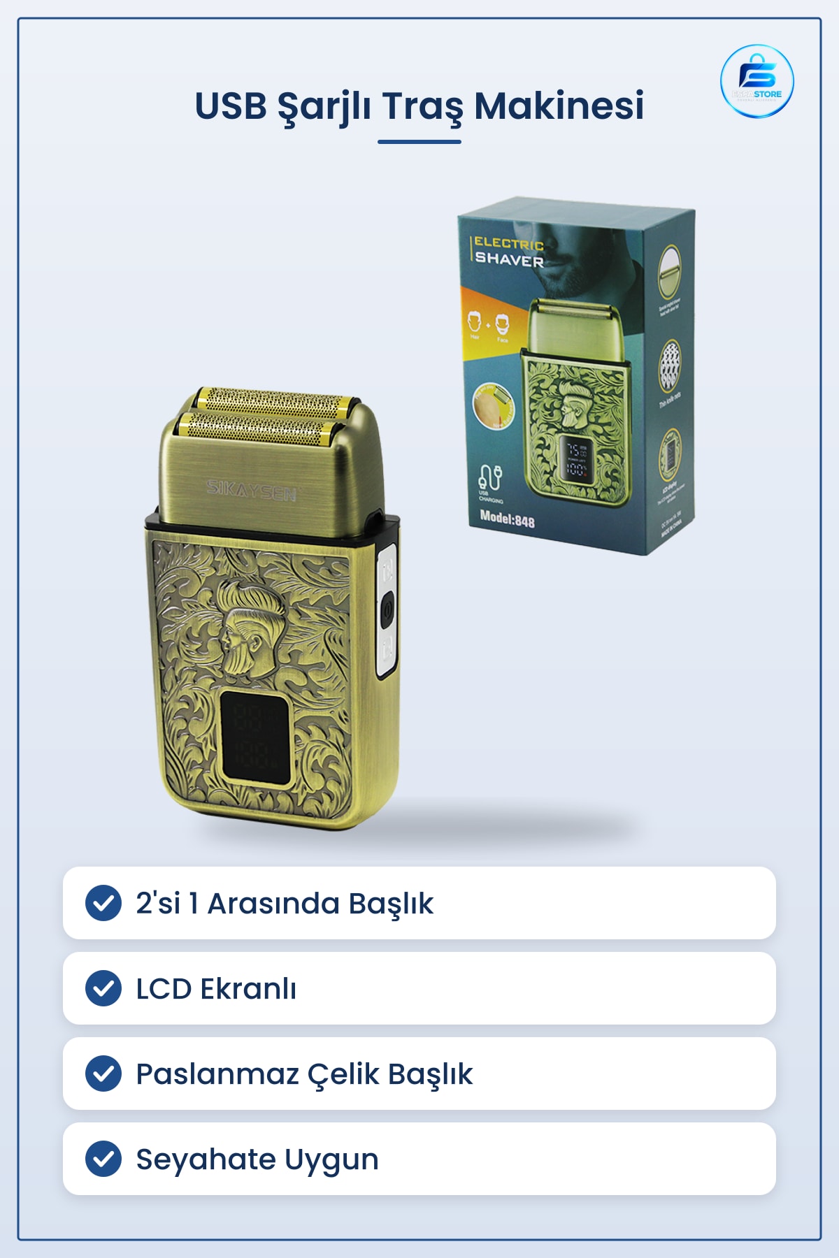 USB Şarjlı 2in1 Seyahat Taşınabilir Traş Makinesi LCD Ekranlı Yüzey Traşı Düzeltici Başlıklı Erkek