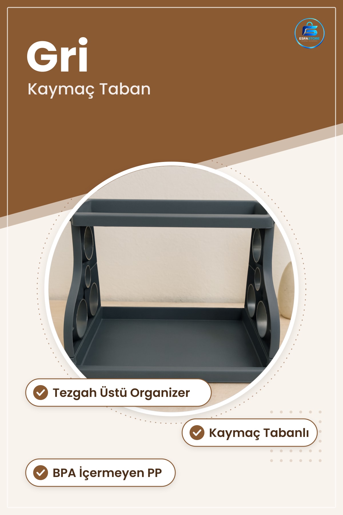 Mutfak Düzenleyici Tezgah Üstü Organizer Gri Plastik Kaymaz Tabanlı Baharat Kaşık Spatula Tutucu