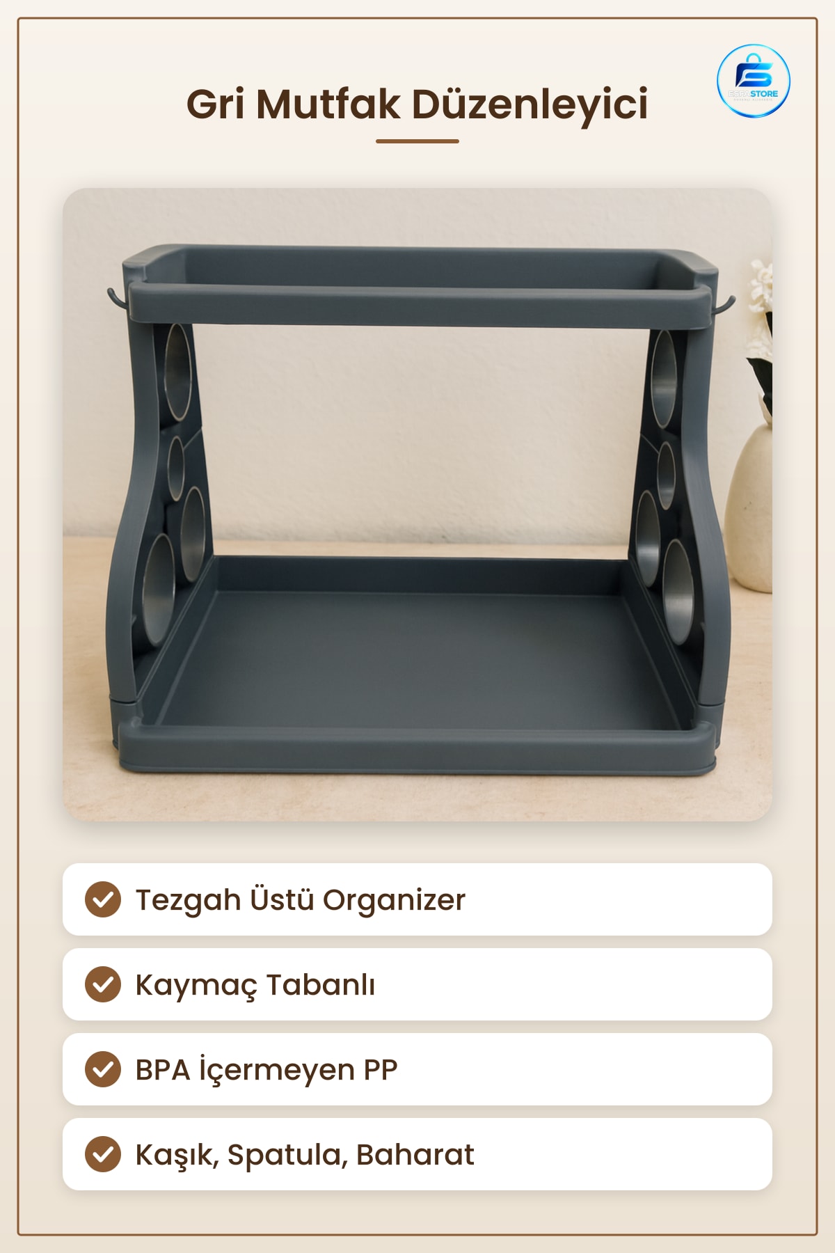Mutfak Düzenleyici Tezgah Üstü Organizer Gri Plastik Kaymaz Tabanlı Baharat Kaşık Spatula Tutucu