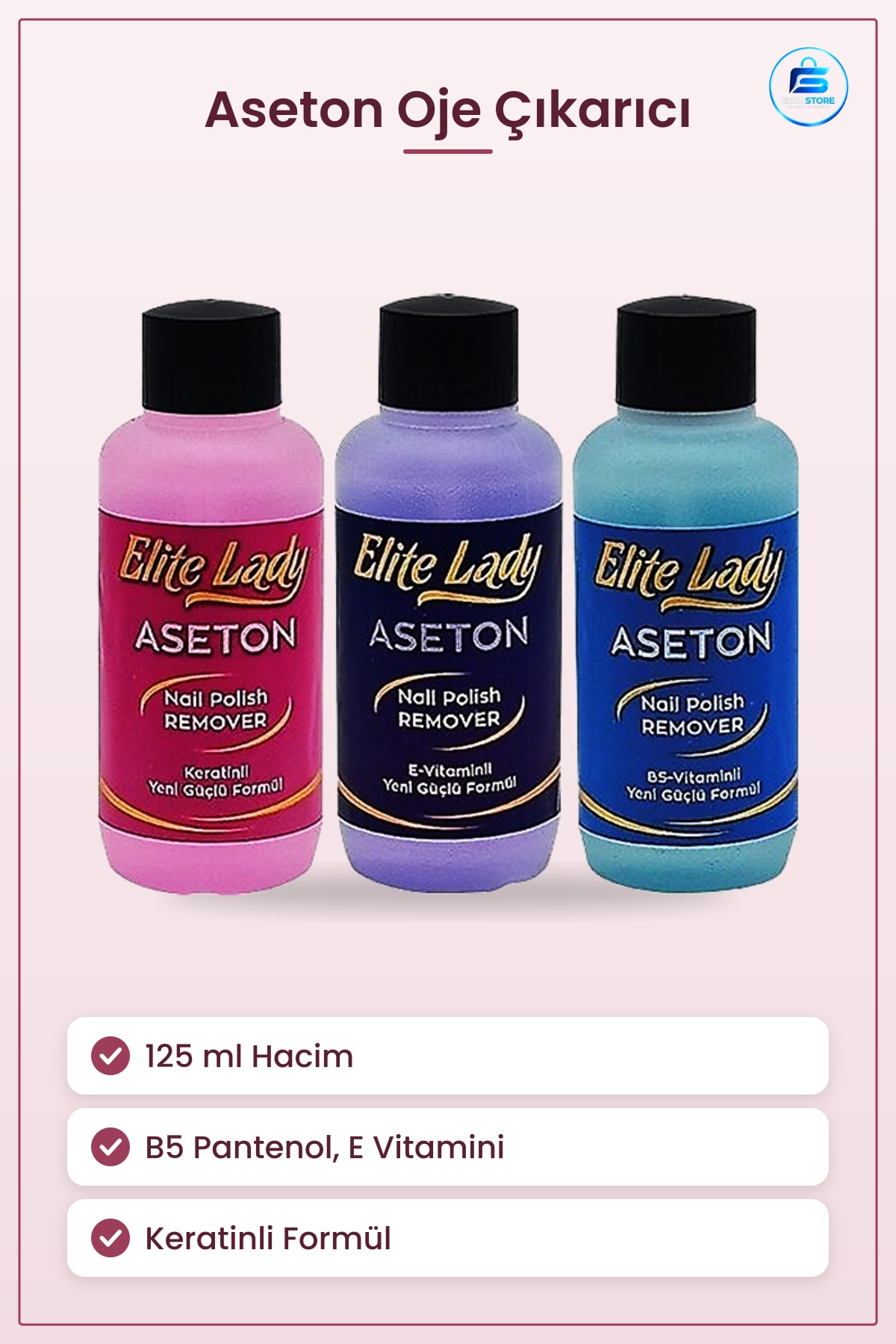Oje Çıkarıcı Aseton 125 ml B5 Pantenol E Vitaminli Keratinli Hızlı Etkili Tırnak Bakım Ürünü
