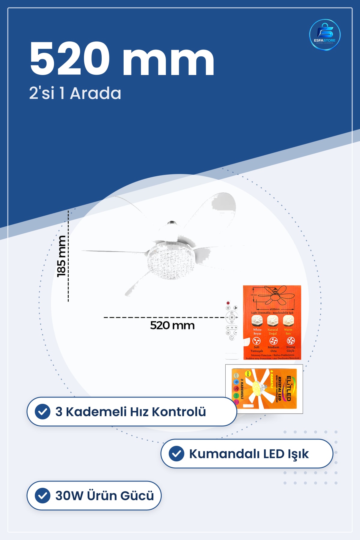 Vantilatör Tavan Avize LED Kumandalı 2in1 6 Kanatlı 3 Kademeli 520 mm Salon Yatak Odası