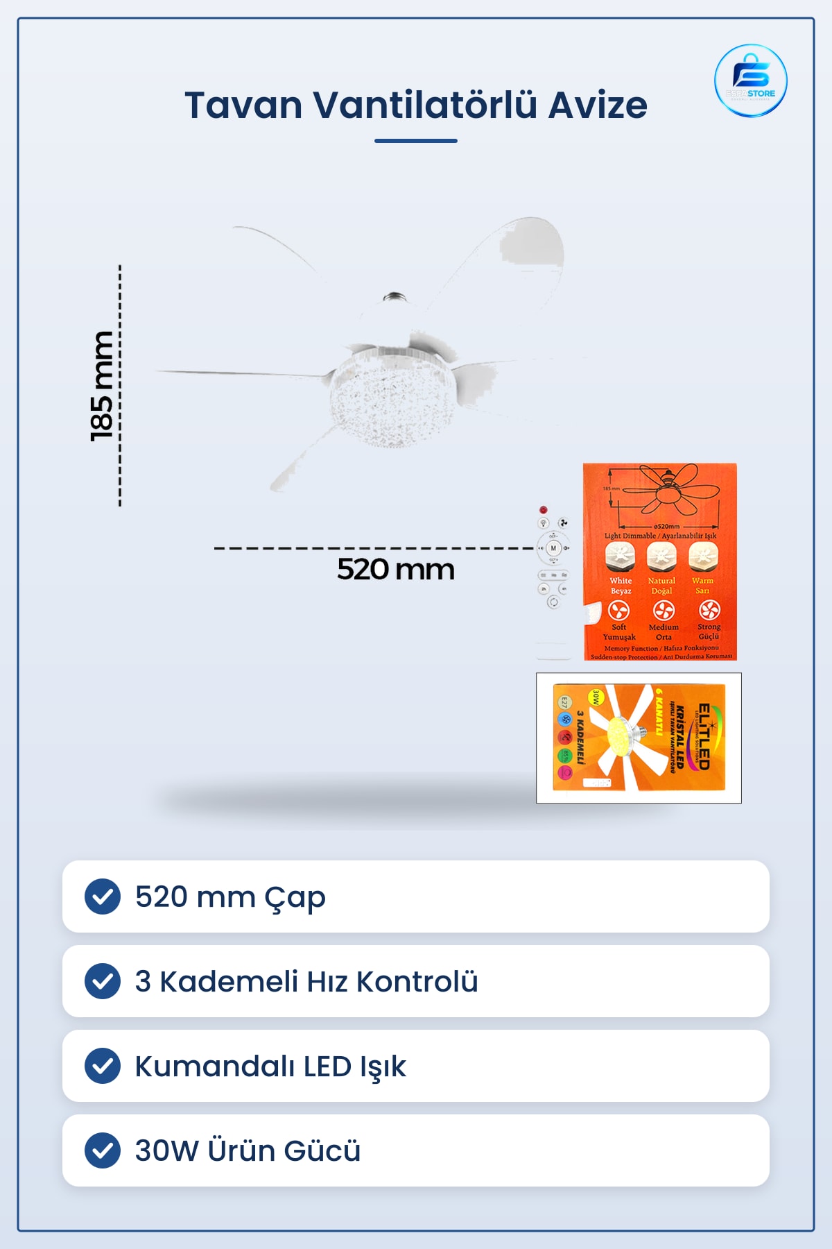 Vantilatör Tavan Avize LED Kumandalı 2in1 6 Kanatlı 3 Kademeli 520 mm Salon Yatak Odası