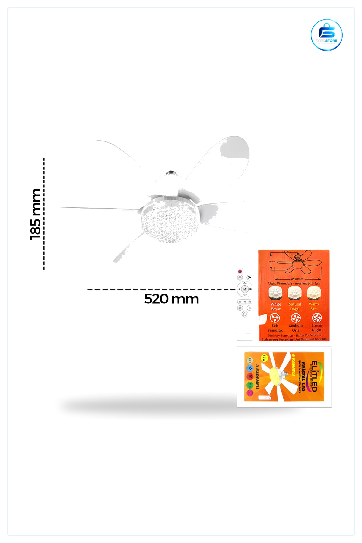 Vantilatör Tavan Avize LED Kumandalı 2in1 6 Kanatlı 3 Kademeli 520 mm Salon Yatak Odası