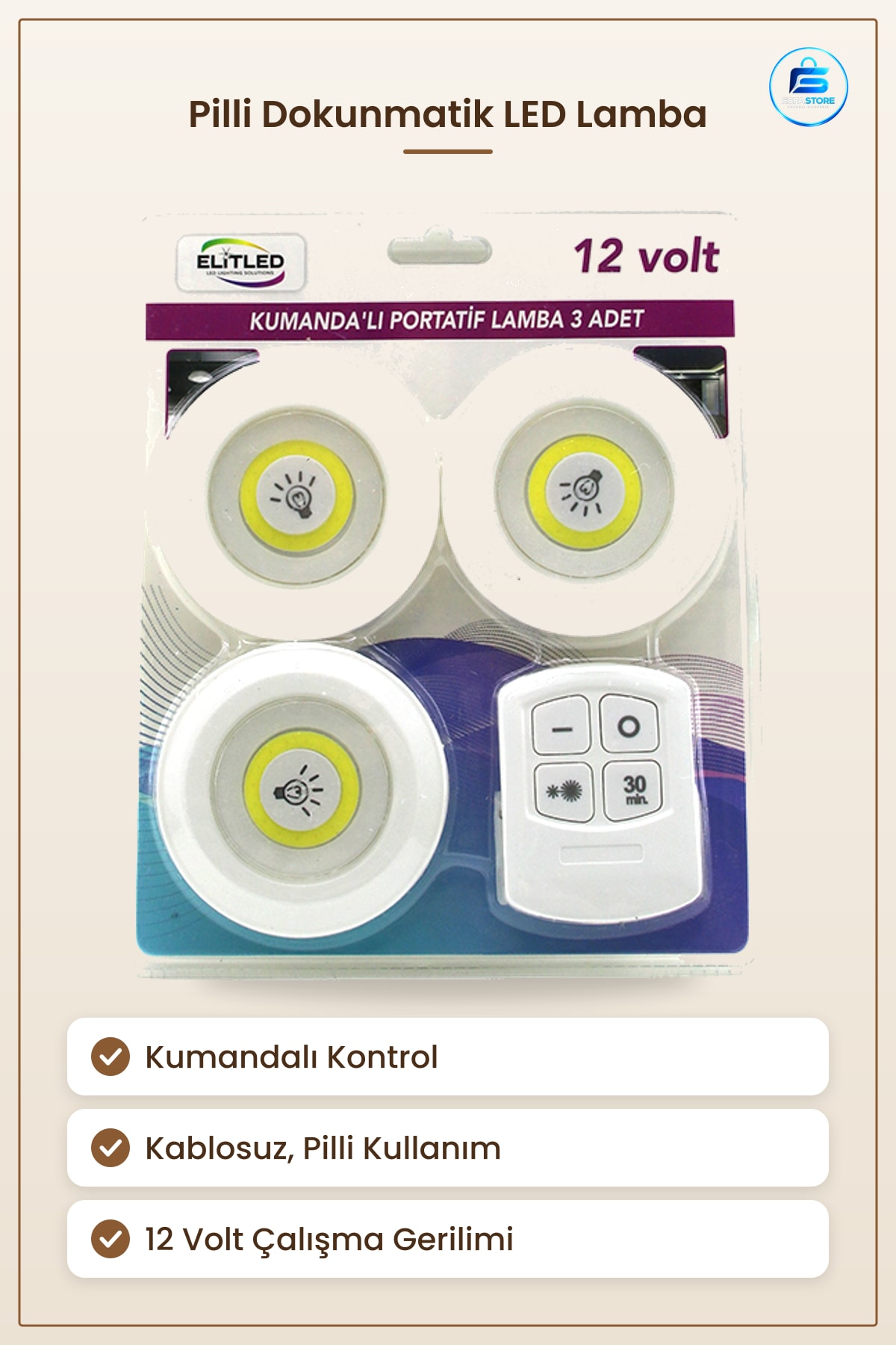 Pilli Kumandalı Dokunmatik Yuvarlak LED Lamba Seti Kablosuz Dolap İçi Mutfak Altı Antre Merdiven