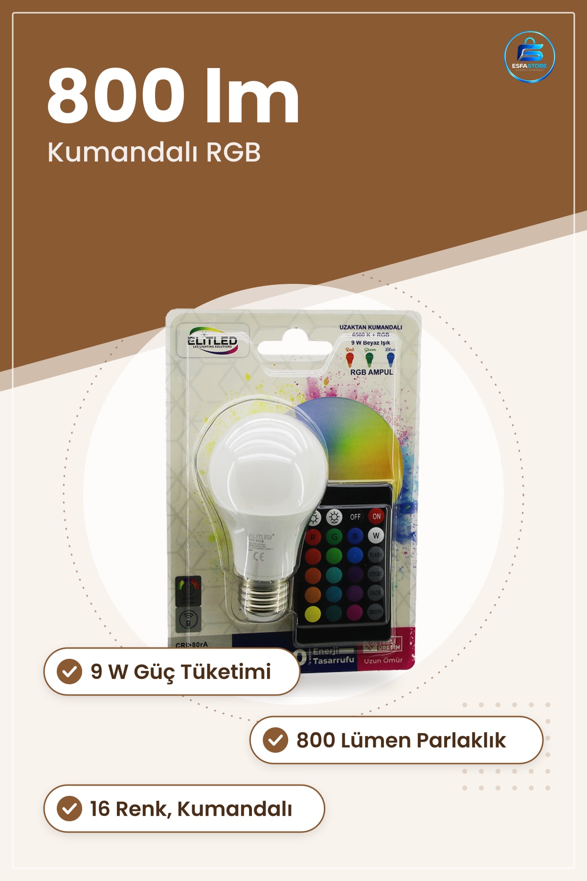 LED Ampul E27 9W RGB Kumandalı lm 6500K Renk Değiştiren Ev Ofis Dekoratif Aydınlatma