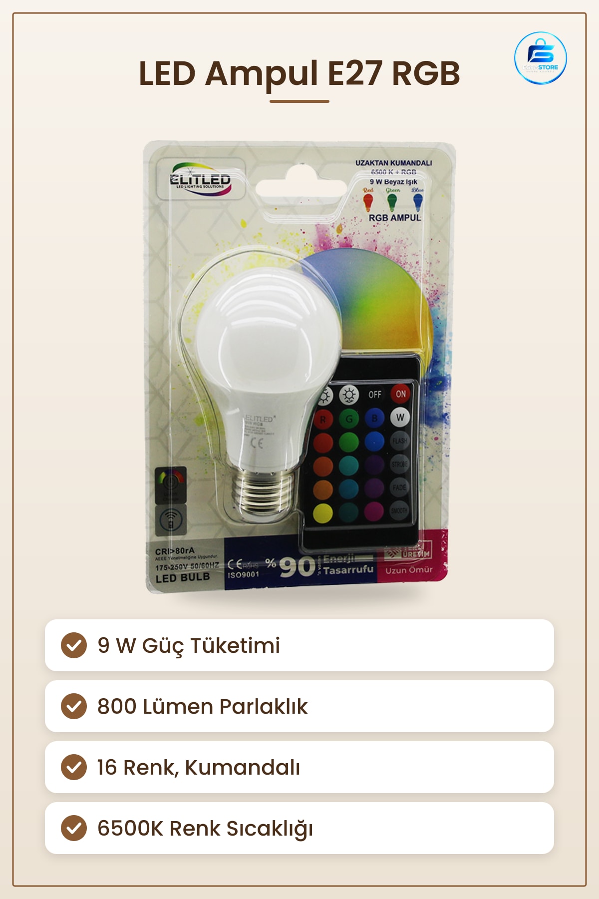 LED Ampul E27 9W RGB Kumandalı lm 6500K Renk Değiştiren Ev Ofis Dekoratif Aydınlatma
