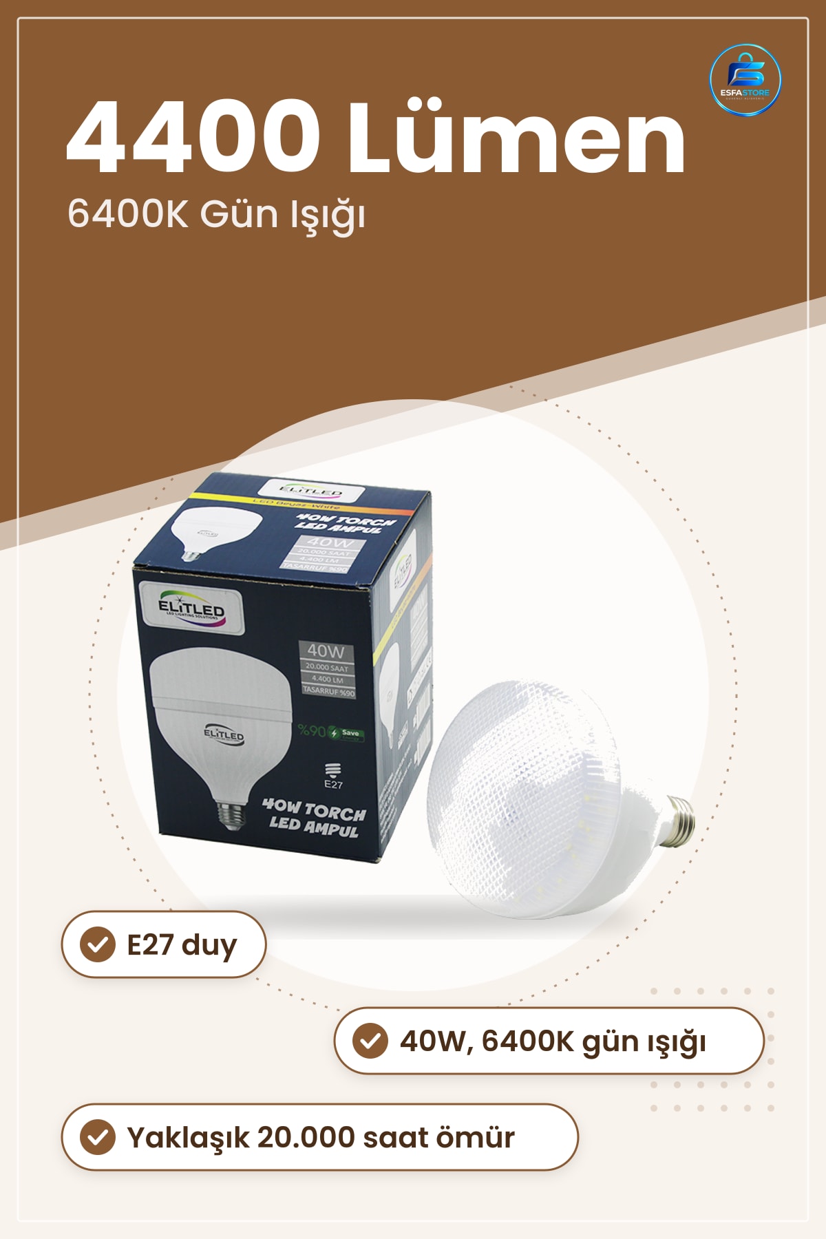 LED Ampul E27 40W 6400K Lümen Torch Gün Işığı Yüksek Parlaklık Ev Ofis Mağaza Aydınlatma