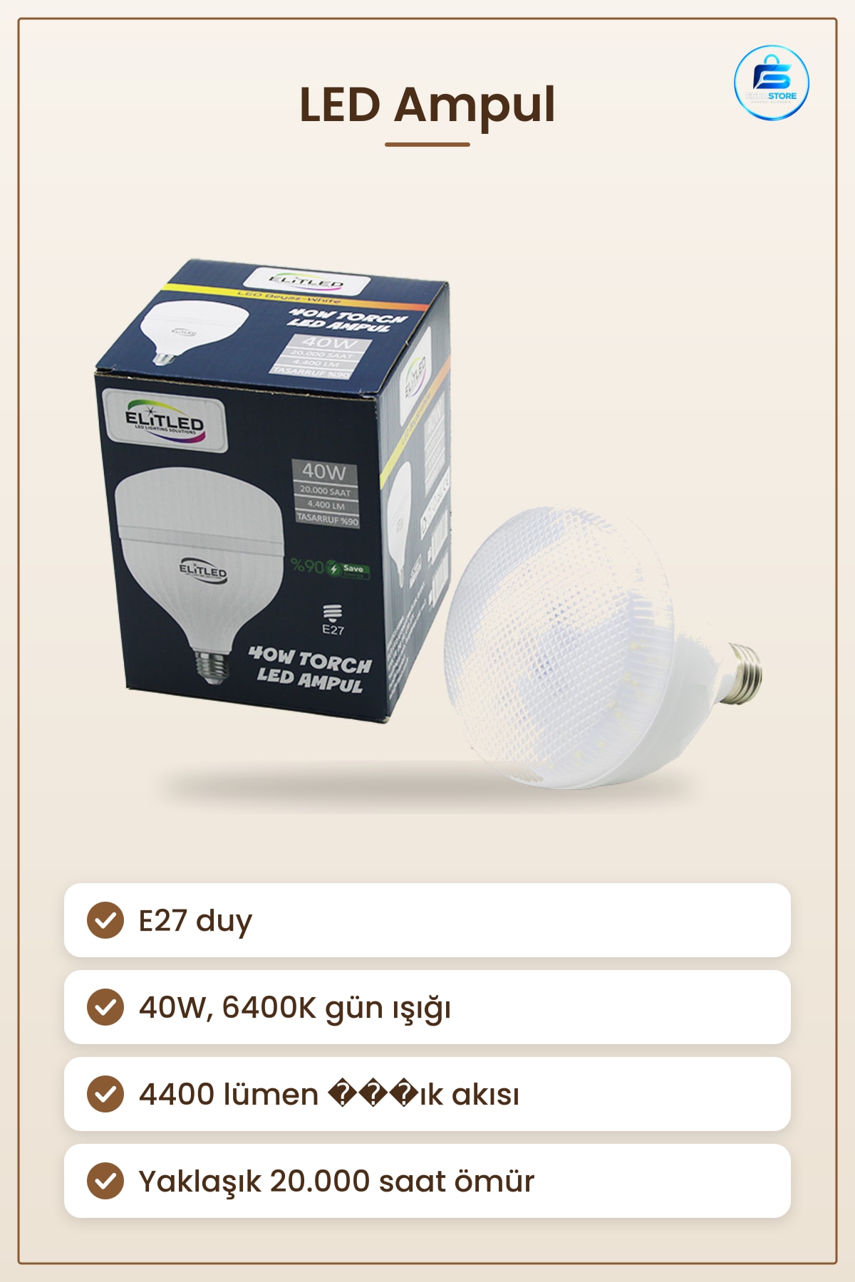 LED Ampul E27 40W 6400K Lümen Torch Gün Işığı Yüksek Parlaklık Ev Ofis Mağaza Aydınlatma