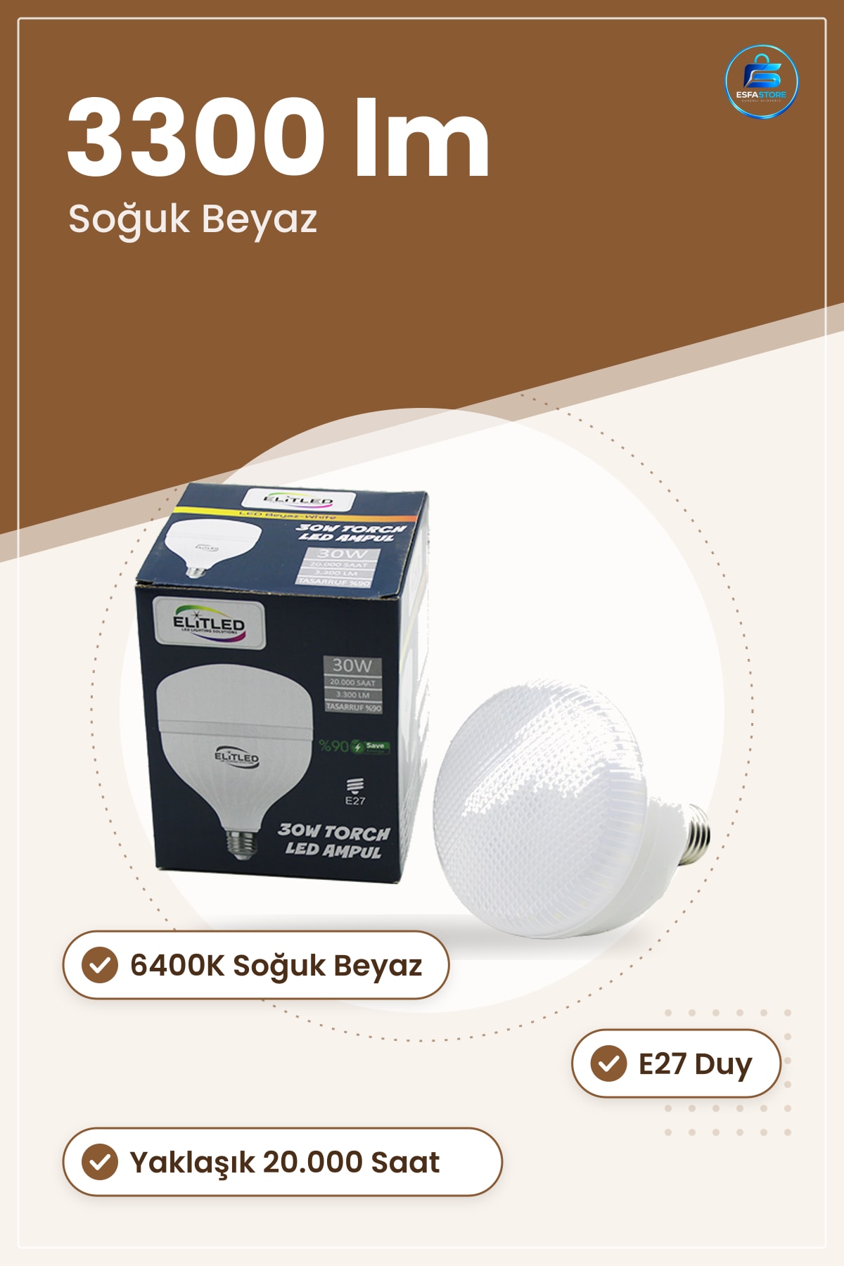 30W E27 LED Ampul 6400K lm Soğuk Beyaz Yüksek Parlaklık Enerji Tasarruflu Ofis Mutfak Atölye