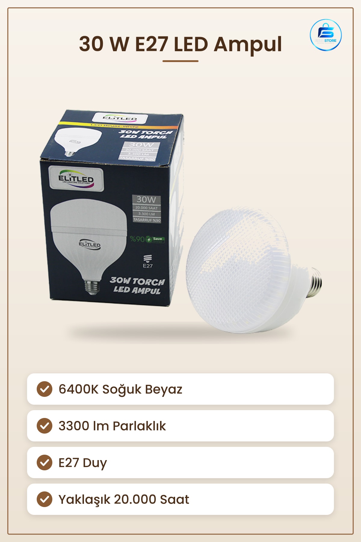 30W E27 LED Ampul 6400K lm Soğuk Beyaz Yüksek Parlaklık Enerji Tasarruflu Ofis Mutfak Atölye