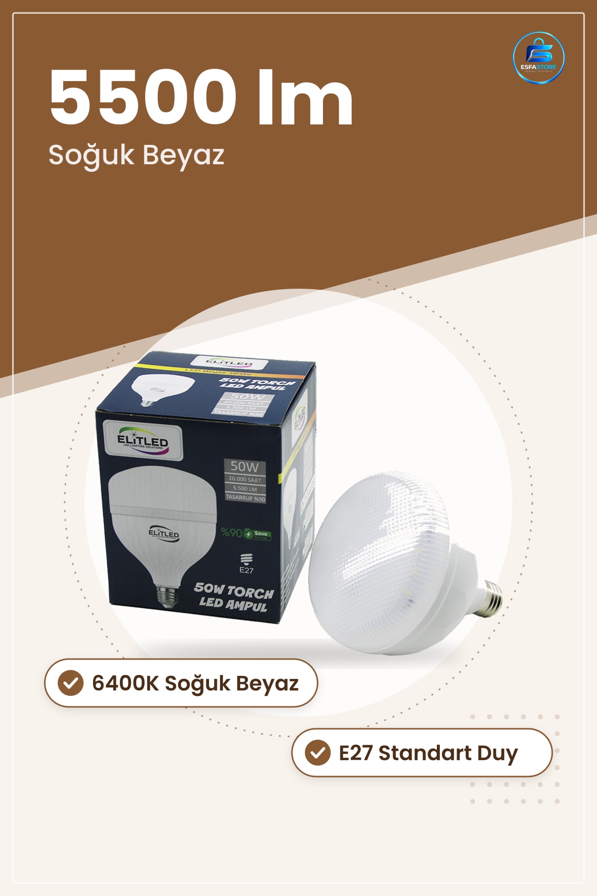 50W E27 LED Ampul 6400K lm Soğuk Beyaz Yüksek Parlaklık İç Mekan Aydınlatma Ev Ofis