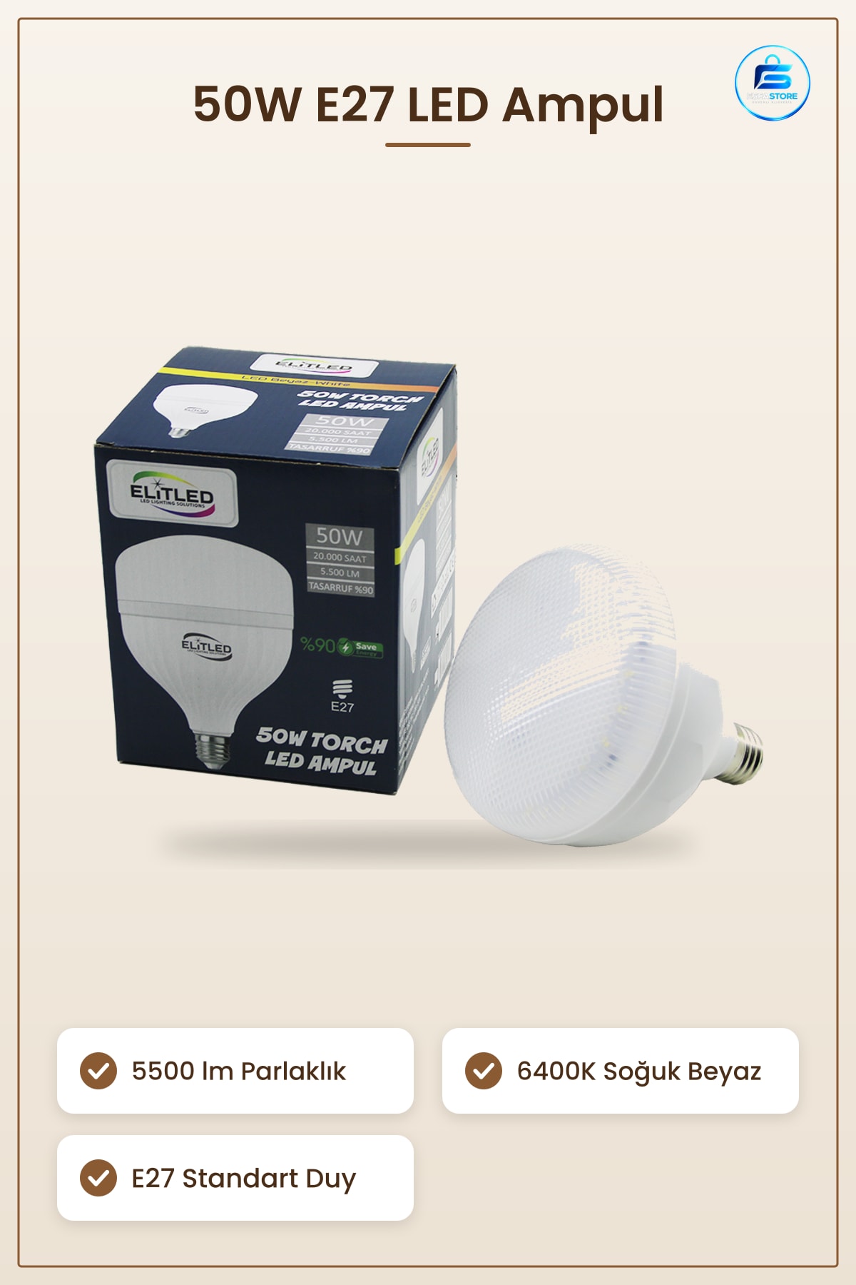 50W E27 LED Ampul 6400K lm Soğuk Beyaz Yüksek Parlaklık İç Mekan Aydınlatma Ev Ofis