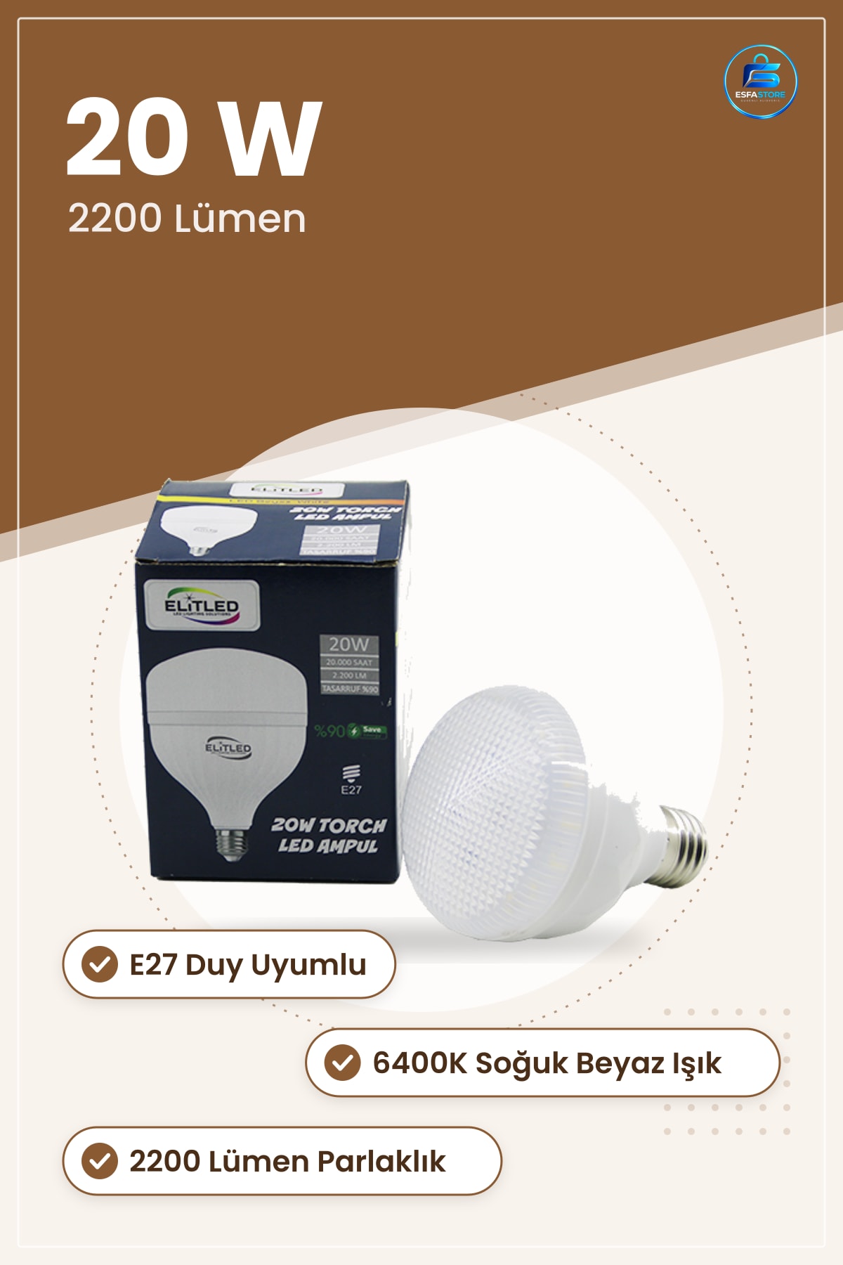20W E27 LED Ampul 6400K Lümen Torch Soğuk Beyaz Alüminyum Gövde Ev Ofis Mağaza Depo