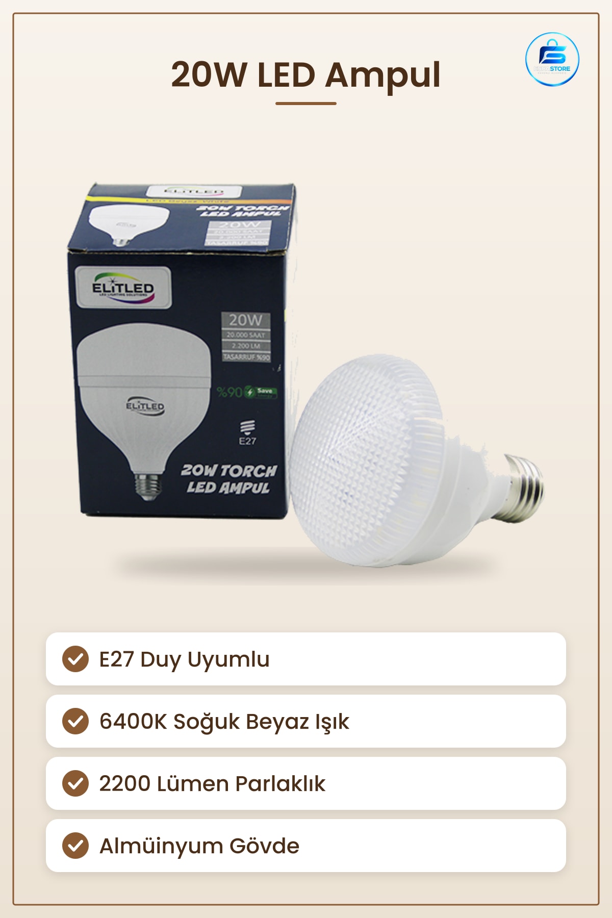 20W E27 LED Ampul 6400K Lümen Torch Soğuk Beyaz Alüminyum Gövde Ev Ofis Mağaza Depo