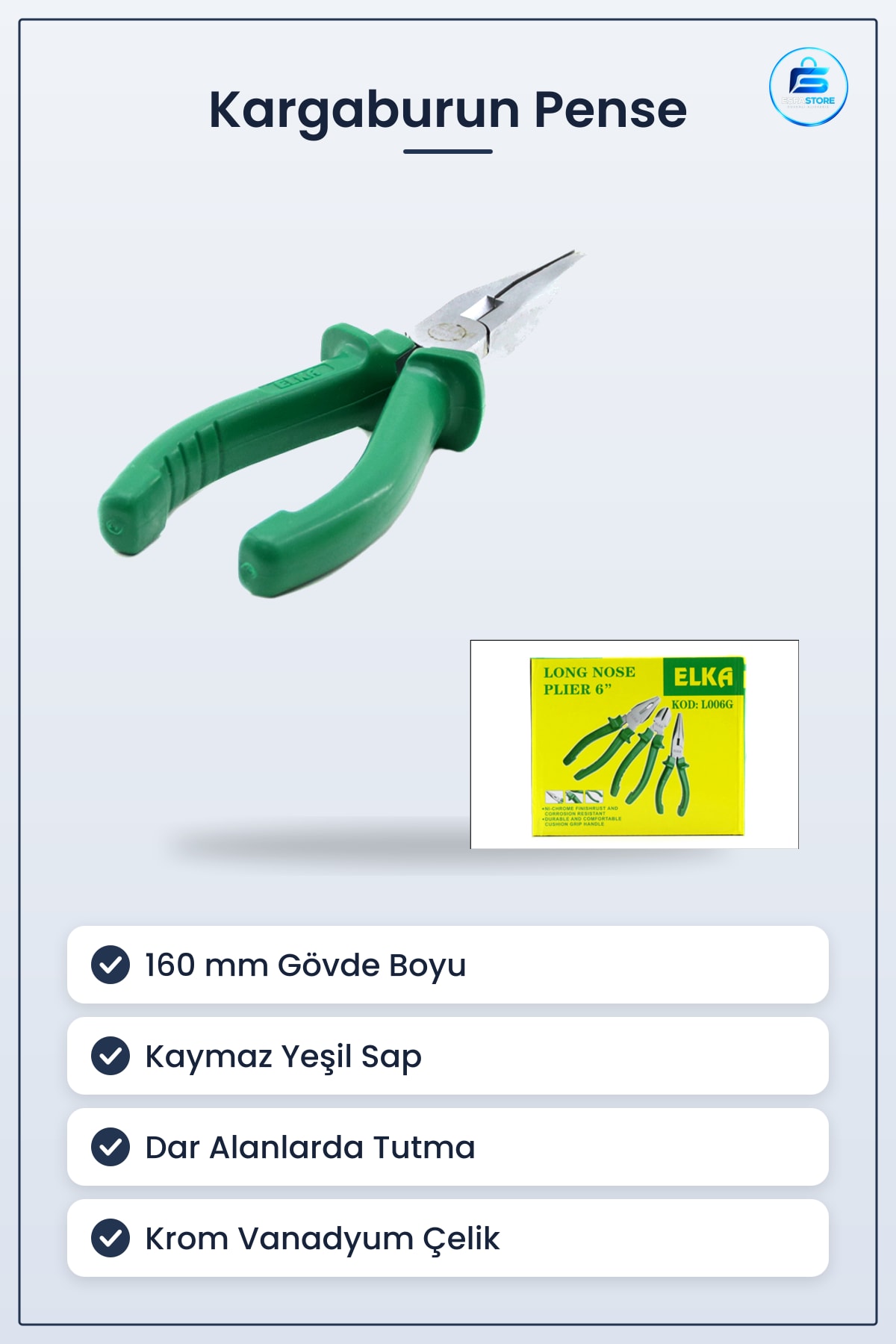 Kargaburun Pense 160 mm Krom Vanadyum Yeşil Kaymaz Saplı Elektrik Hobi Atölye Tutma Büküm Araç