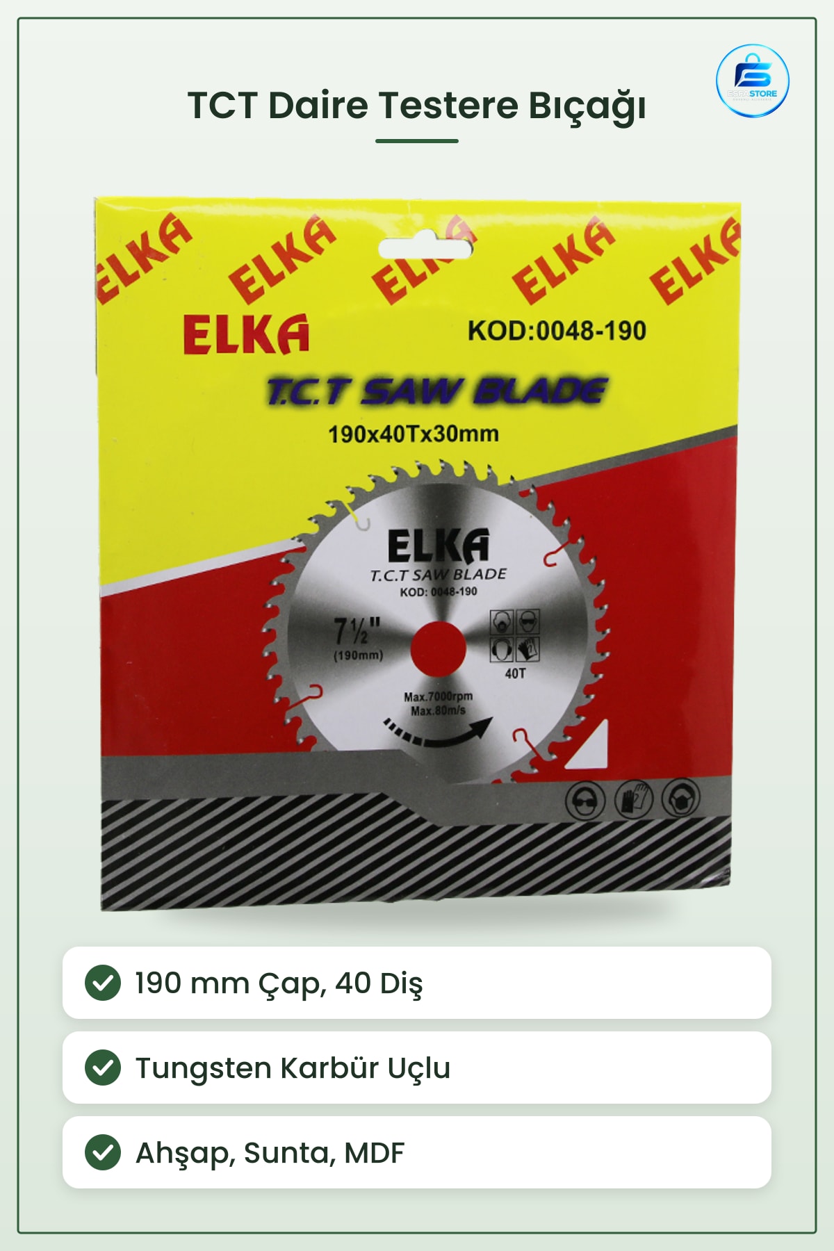 Daire Testere Bıçağı TCT 190 mm Diş 30 Göbek Ahşap Sunta MDF Laminat Kesim Biçakı