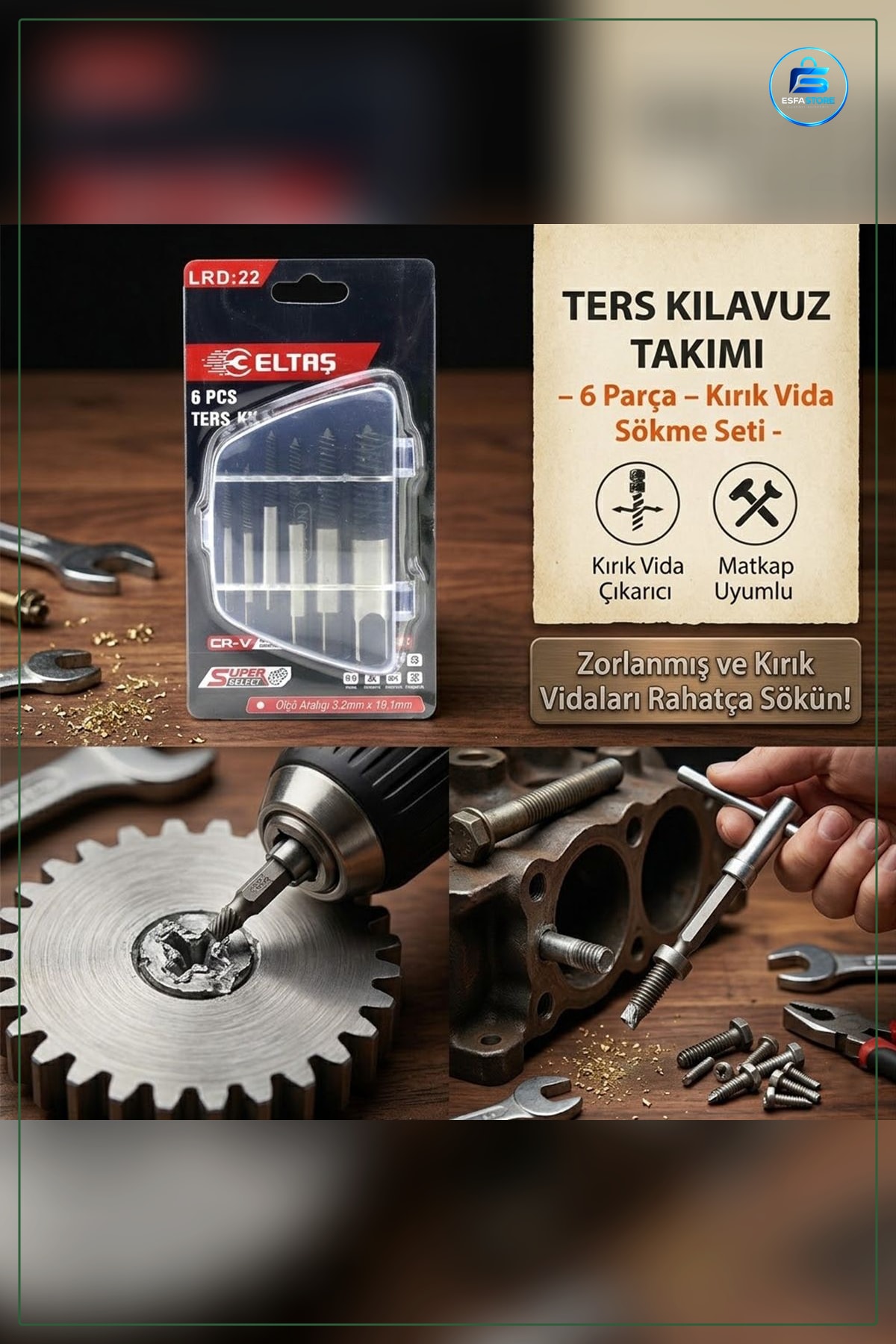 Ters Klavuz Uç Vida Çıkarıcı Seti 6 Parça 3 ila 22 mm Kırık Sökme Matkap Alaşımlı Çelik Atölye