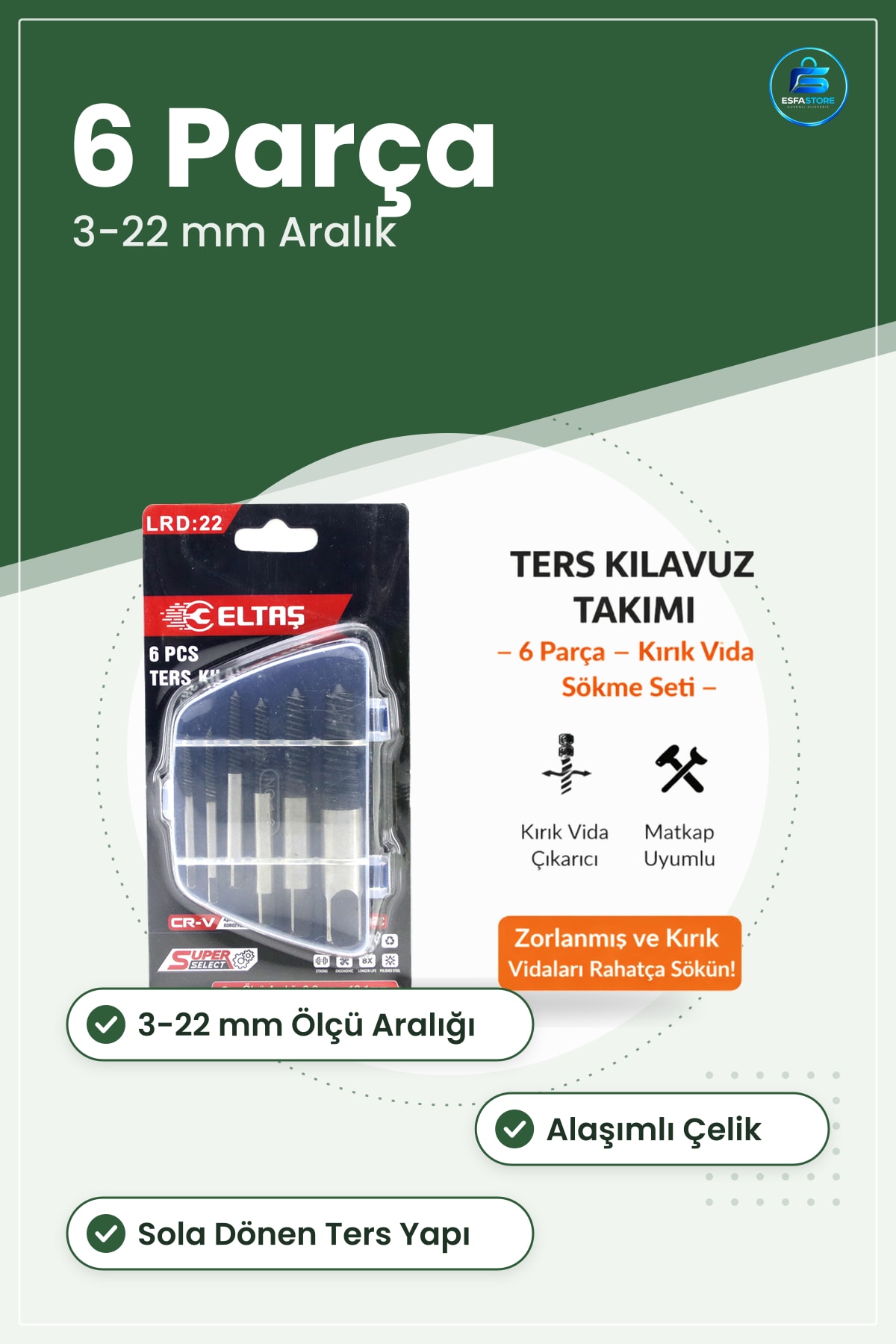 Ters Klavuz Uç Vida Çıkarıcı Seti 6 Parça 3 ila 22 mm Kırık Sökme Matkap Alaşımlı Çelik Atölye