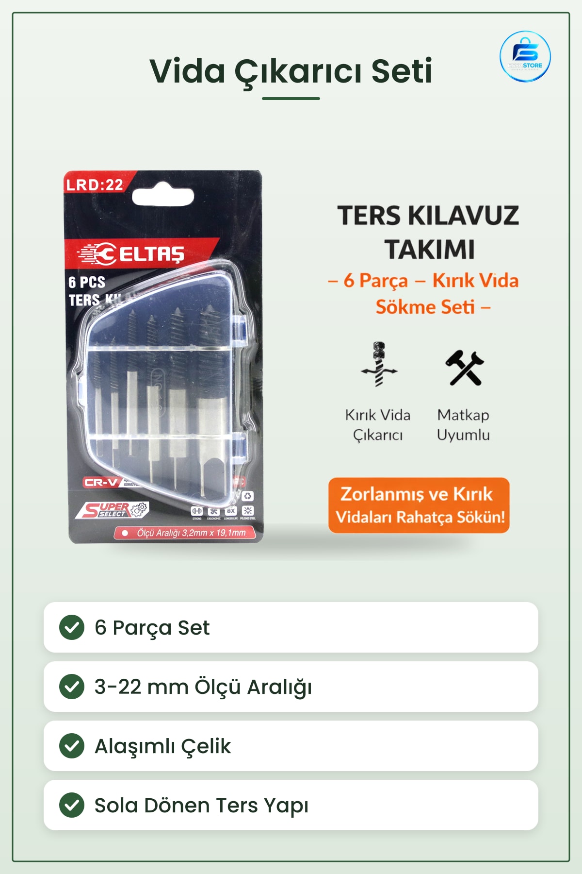 Ters Klavuz Uç Vida Çıkarıcı Seti 6 Parça 3 ila 22 mm Kırık Sökme Matkap Alaşımlı Çelik Atölye