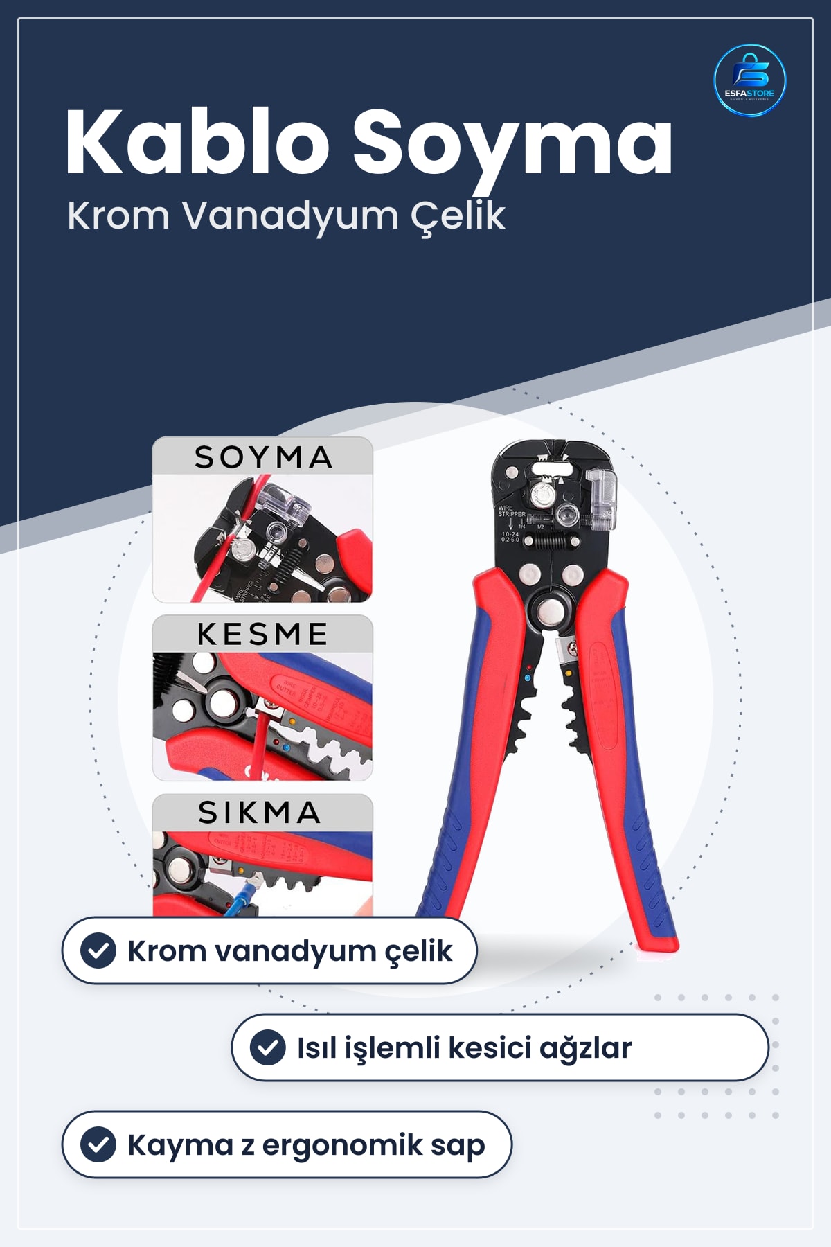 Kablo Soyucu Kesici Pense Krom Vanadyum Otomatik Sıyrıcı Elektrik Tel Kesme Soyma Sıkma