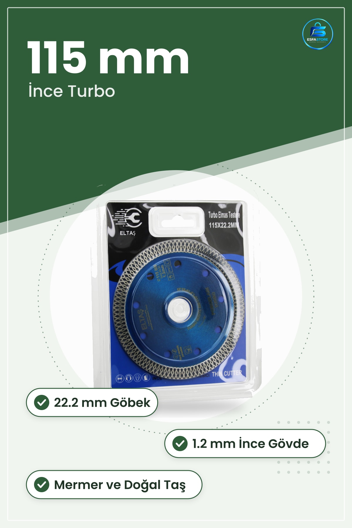 Elmas Daire Testere Bıçağı Kesici Disk 115x22.2 mm İnce Turbo 1.2mm Mermer Taş Seramik