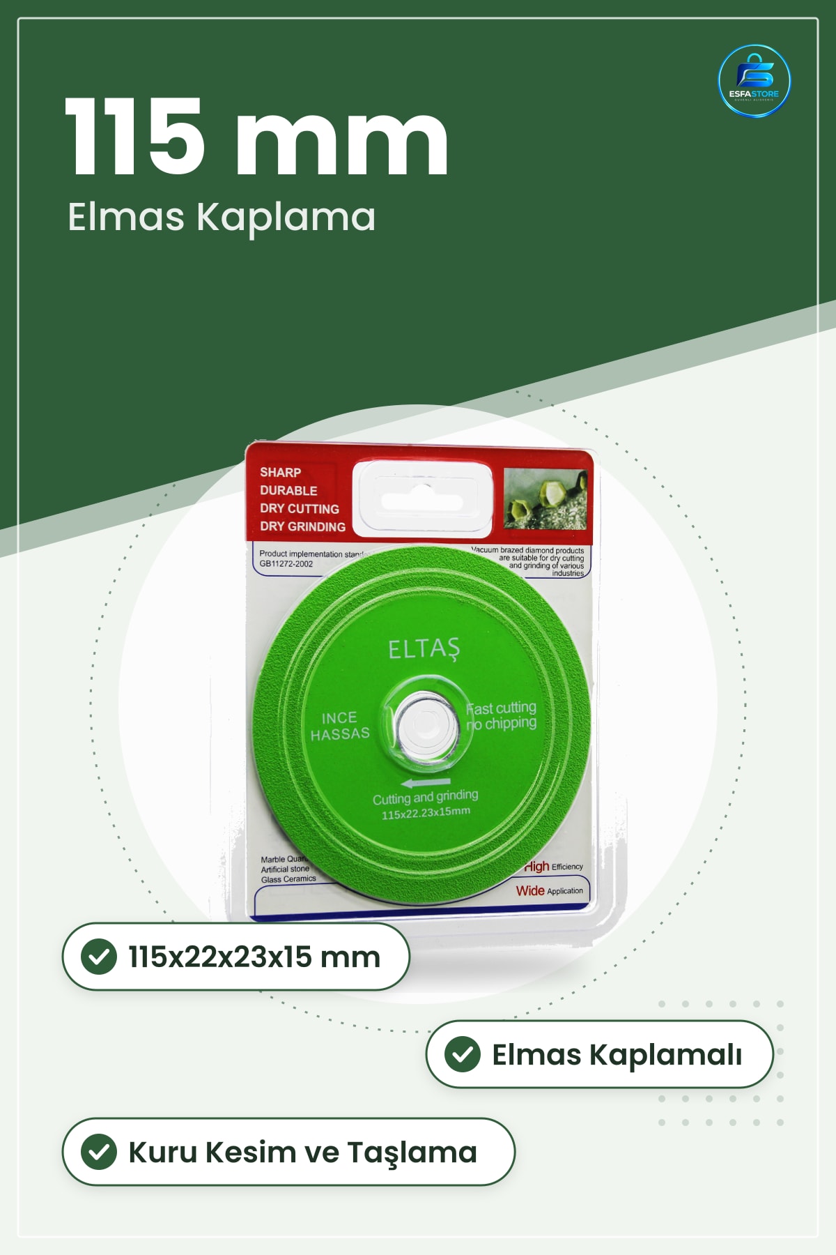 Cam Kesme ve Taşlama Diski 115x22x23x15mm Elmas Kaplamalı Yaşıl İnce Hassas Seramik Mermer Fayans