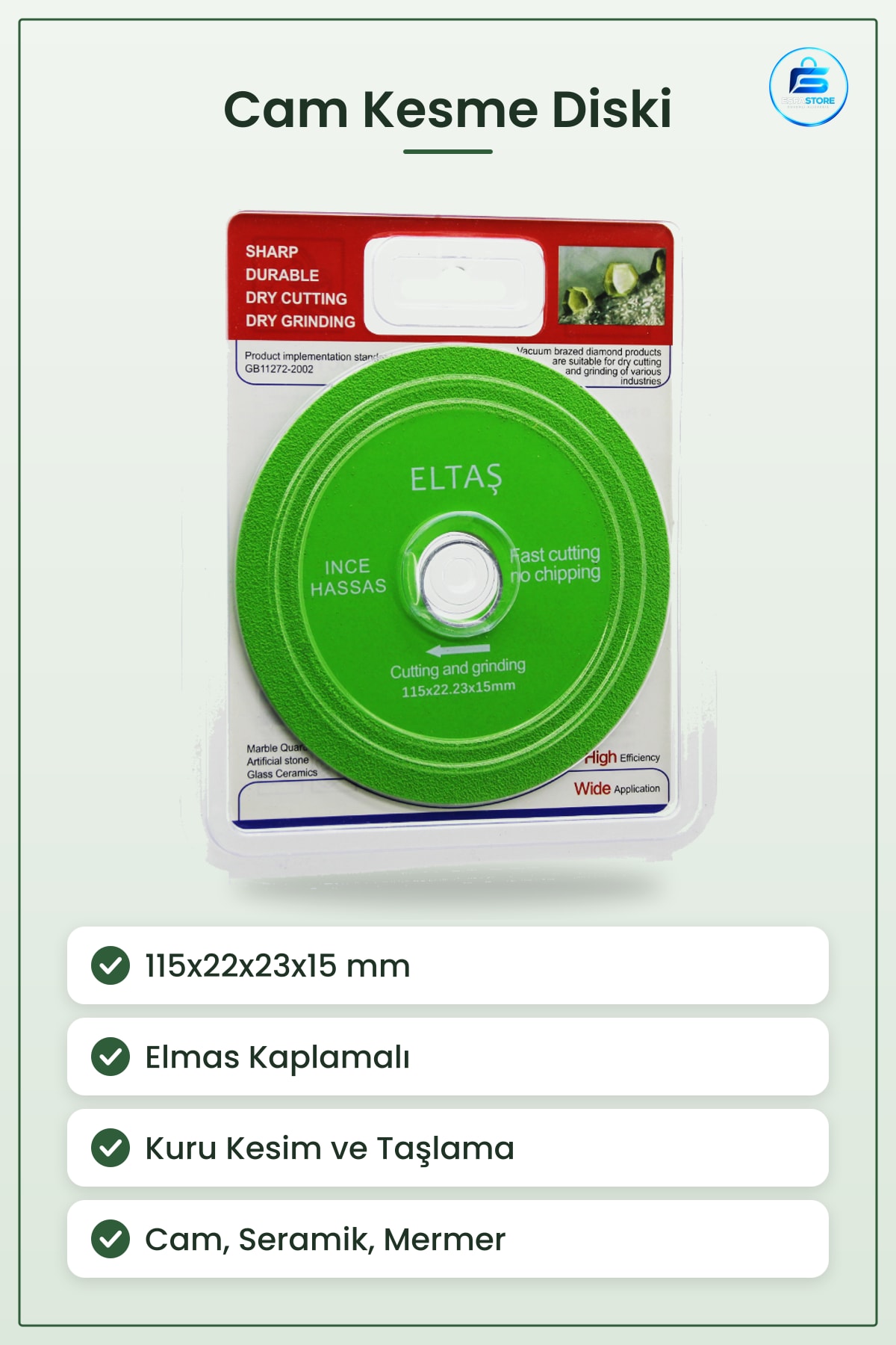 Cam Kesme ve Taşlama Diski 115x22x23x15mm Elmas Kaplamalı Yaşıl İnce Hassas Seramik Mermer Fayans