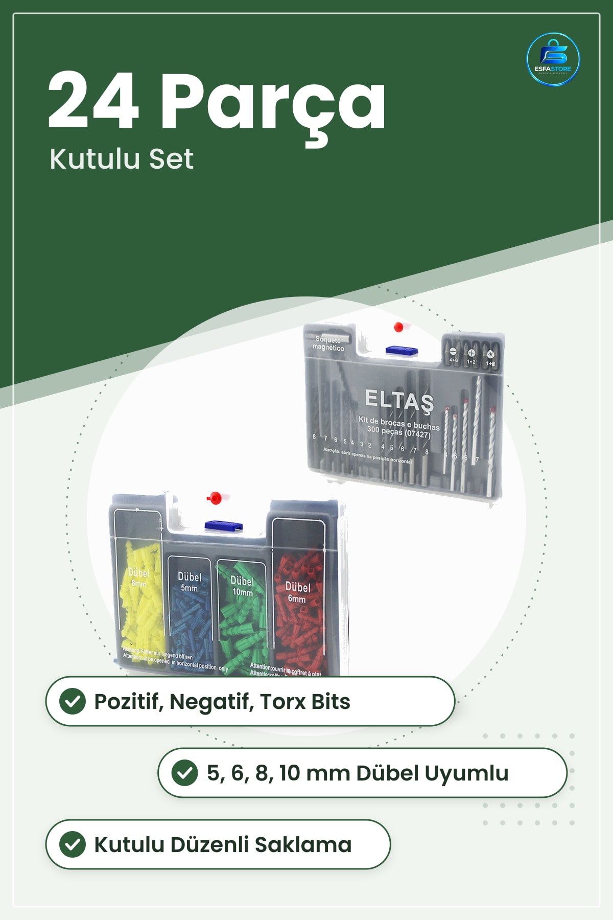 Matkap Ucu 24 Parça Ahşap Beton ve Metal İçin Bits Seti 5 6 8 10 mm Dübel Uyumlu Vidalama Kutulu