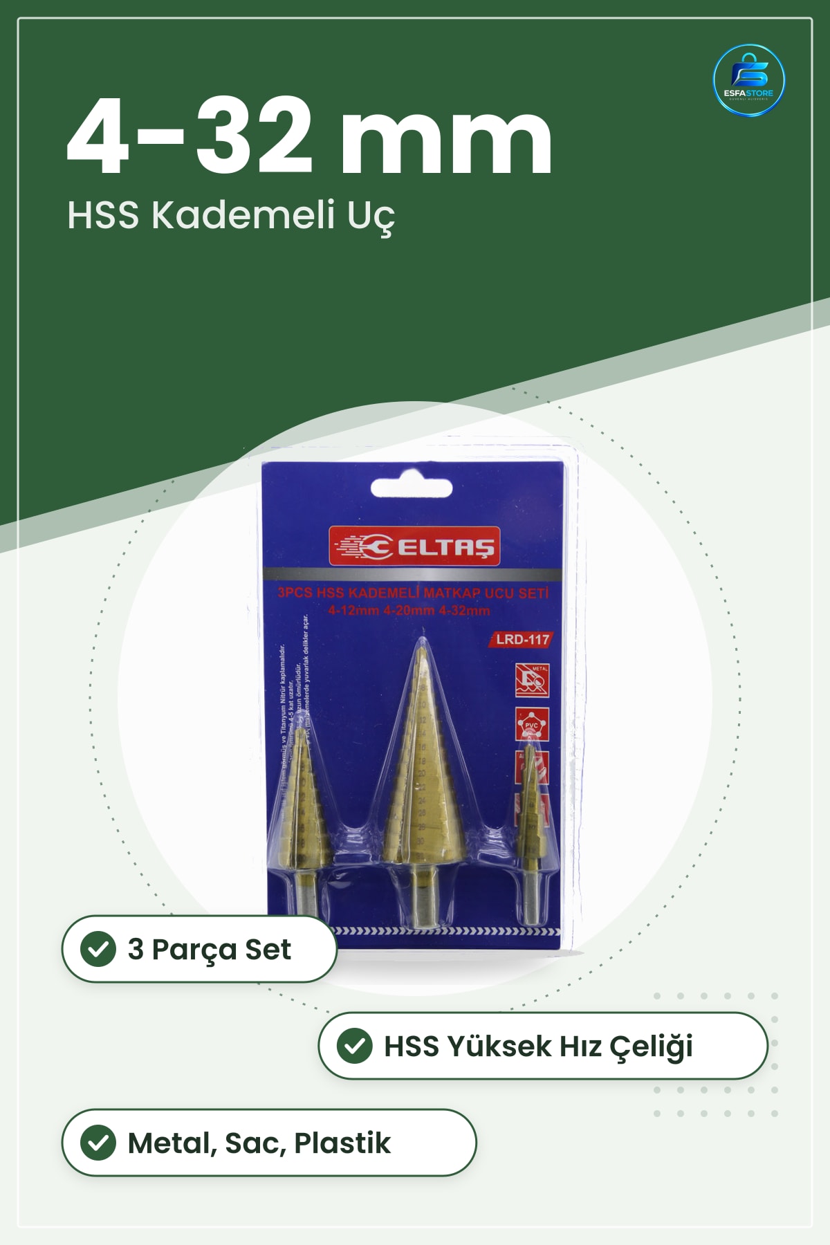 HSS Kademeli Matkap Ucu Seti 3 Parça 4 ila 12 mm 20 32 Metal Sac Delme Kullanışlı
