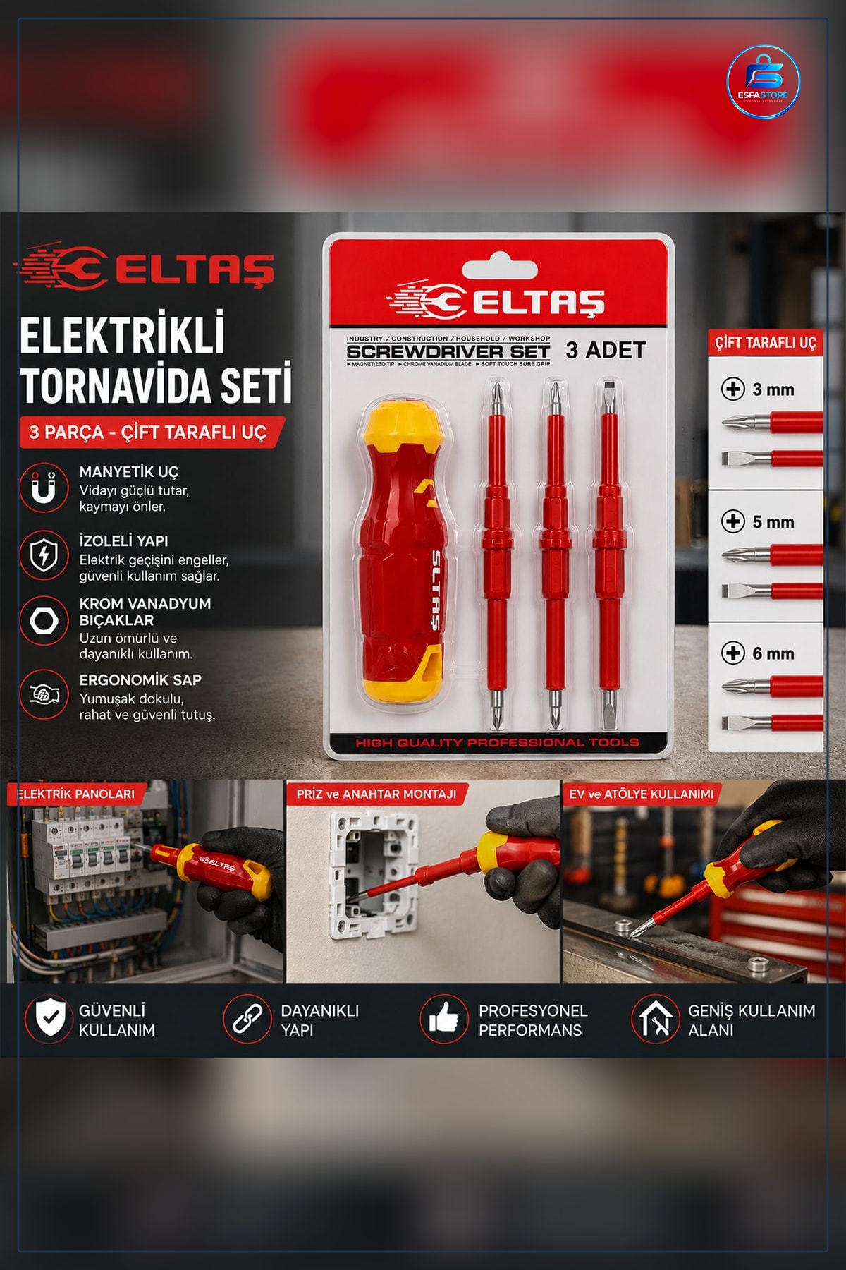 Tornavida Seti Çift Taraflı Uçlu 3mm 5mm 6mm Ergonomik Kaymaz Sap Krom Vanadyum Çelik Atölye